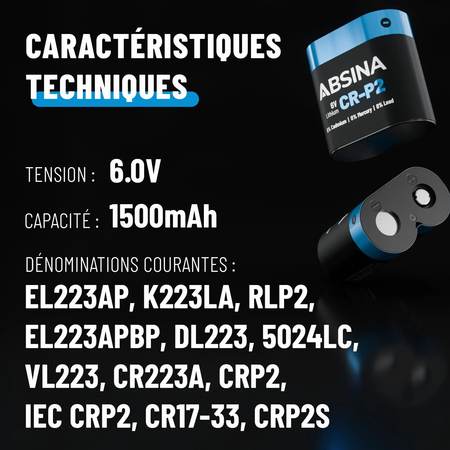 ABSINA 5X Pile CRP2 Lithium 6V - Pile CR P2 pour Distributeur, Appareil Photo, Flash, détecteur de Mouvement & Plus - Anti-Fuite, Longue Conservation - CR-P2 Piles 6V