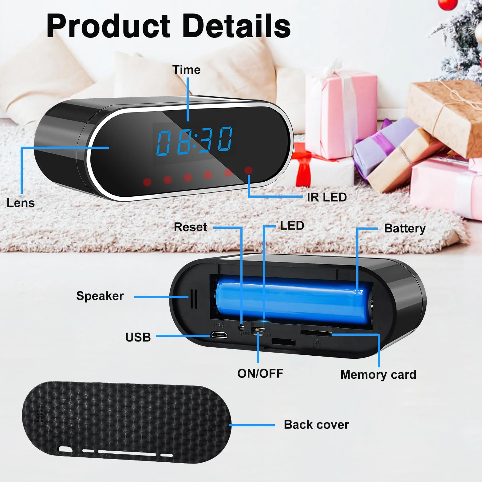 Caméra Espion WiFi, 5G Mini Camera Cachée sans Fil, Micro Camera Espion 150° Réveil,1080P HD Distance a Discrete Détection de Mouvement/Vision Nocturne Caméra de Surveillance