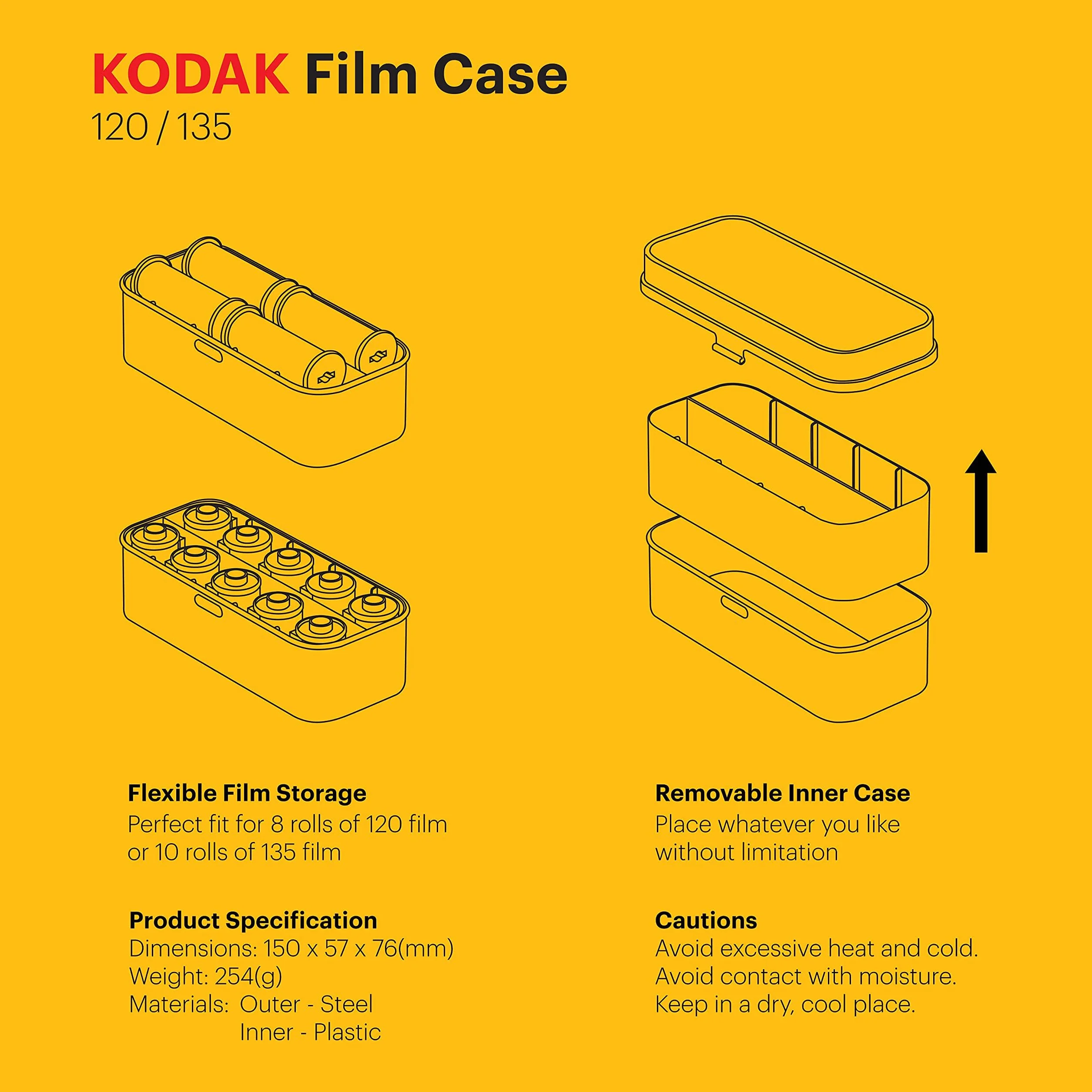 KODAK Film Case 120/135 Étui pour 8 rouleaux de 120 films / 10 rouleaux de film 35 mm - Boîtier en acier rétro pour trier et protéger le film (jaune) (film non inclus)