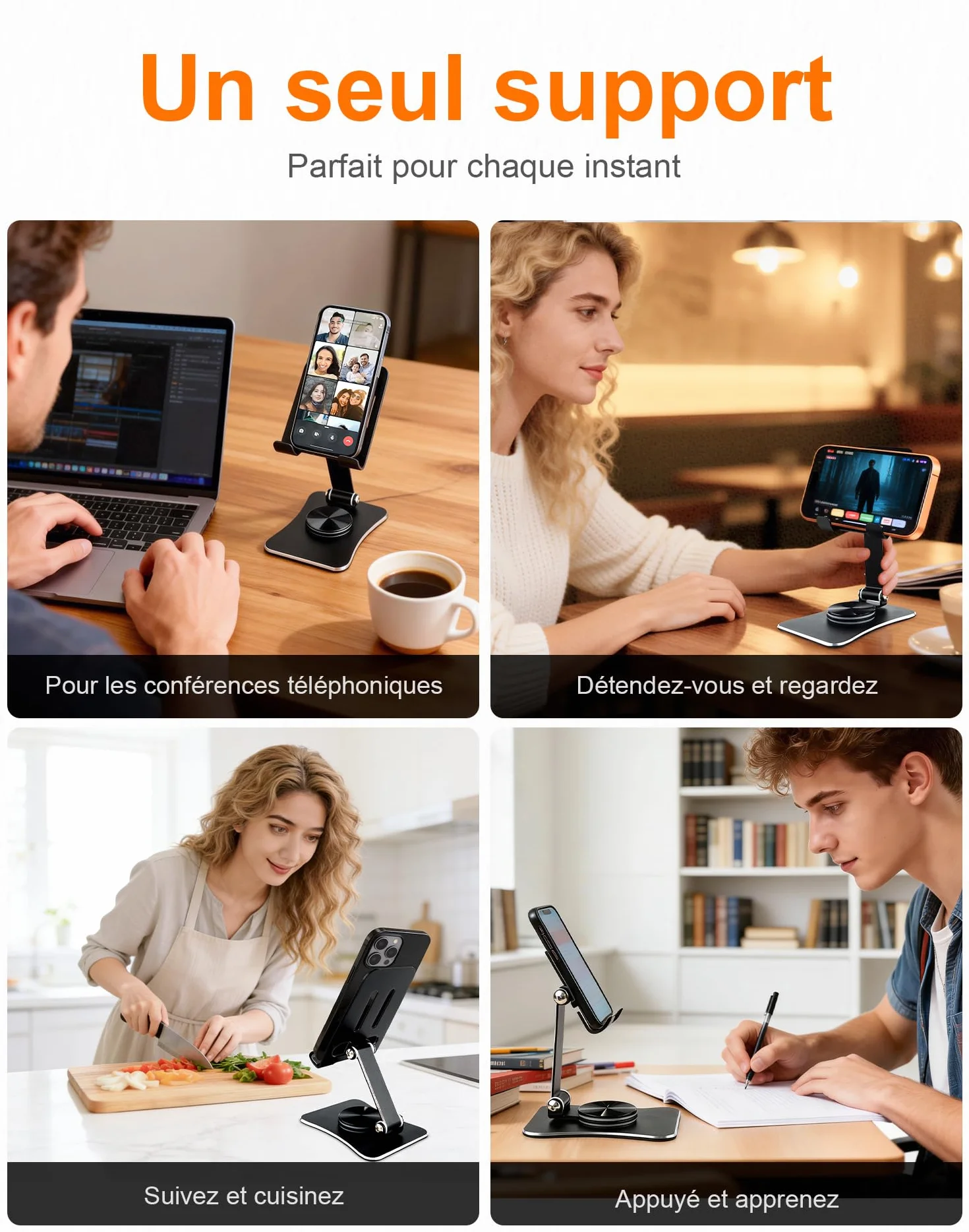 GRIFEMA GB1055 Support Téléphone et Tablette de Bureau Pliable, Rotatif 360°, Ajustable, Alliage d'Aluminium, Compatible 3,5–10,5''