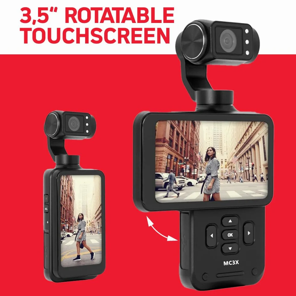 AgfaPhoto Gimbal Realimove MC3X Caméra Stabilisateur 3 Axes 4K Ultra HD Écran Tactile Rotatif 3,5" 20 MP Suivi de Visage Vision Nocturne Grand Angle 120° Wi-Fi Autonomie 170 Min Noir