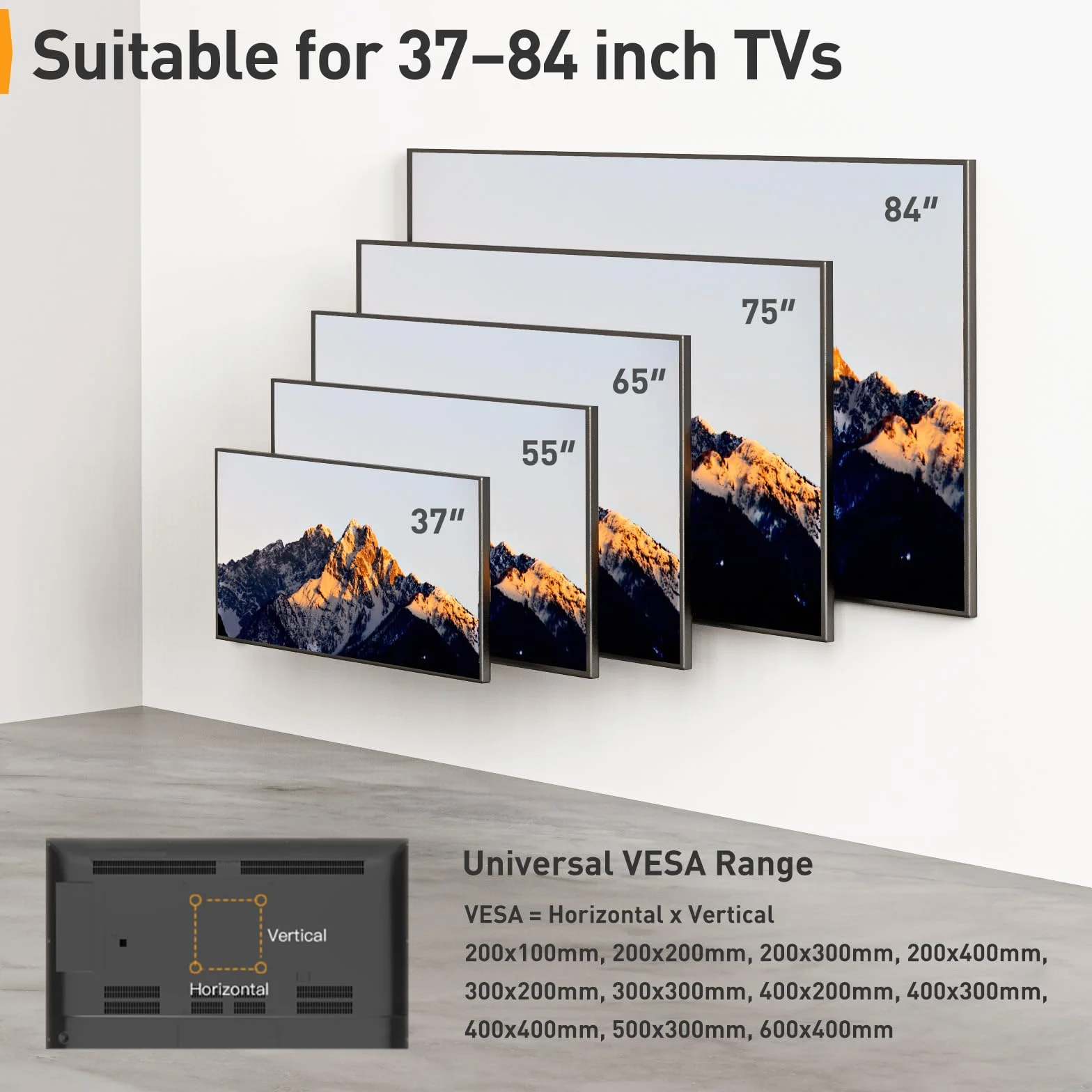 Perlegear Support Mural TV 37-84 Pouces 60KG Fixation TV Murale Inclinable Orientable VESA 600x400mm