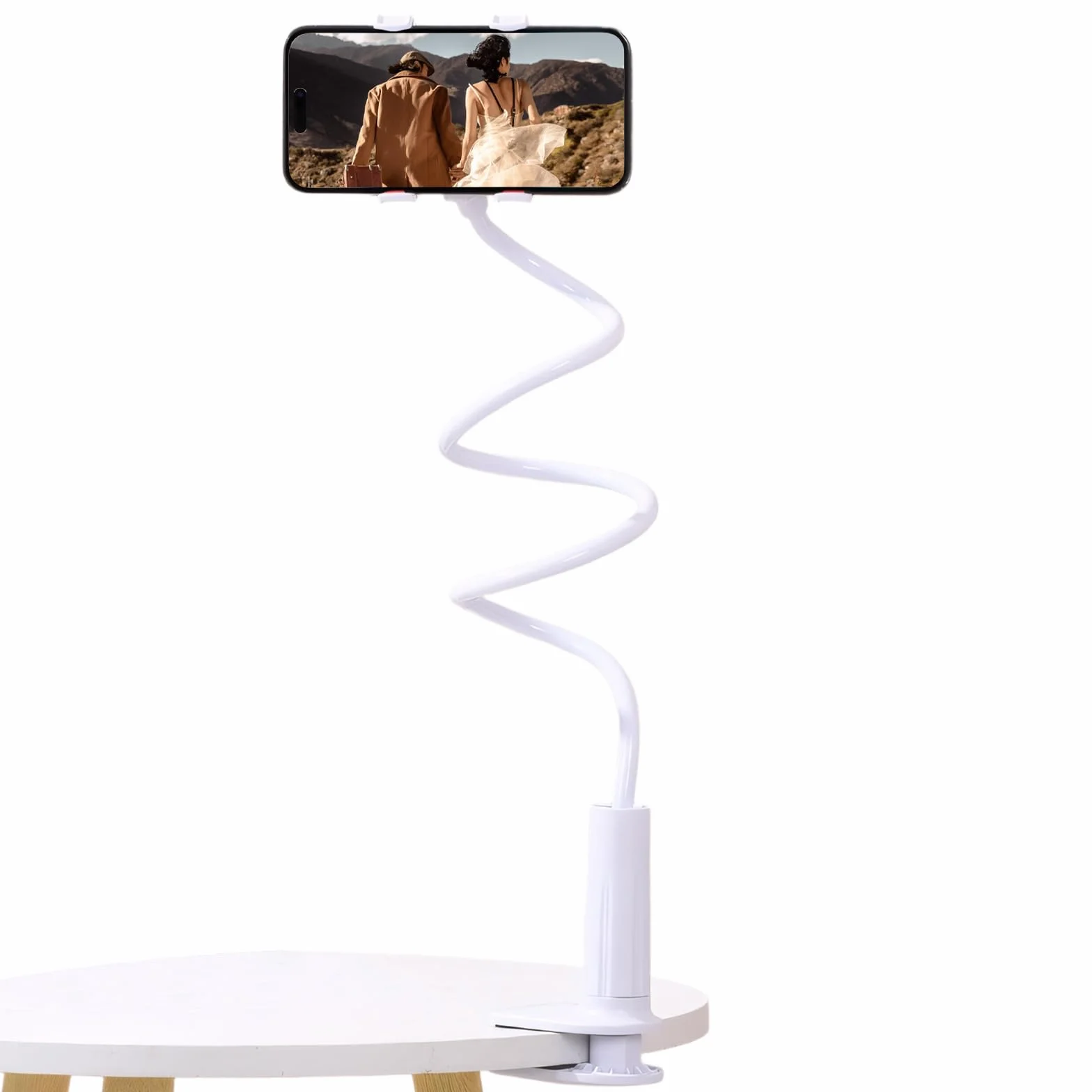 Support Téléphone pour Lit et Bureau, Flexible à Long Bras Porte Telephone Bureau Réglable 360°, Support Universel avec Pince pour pour Films et Appels (Blanc)