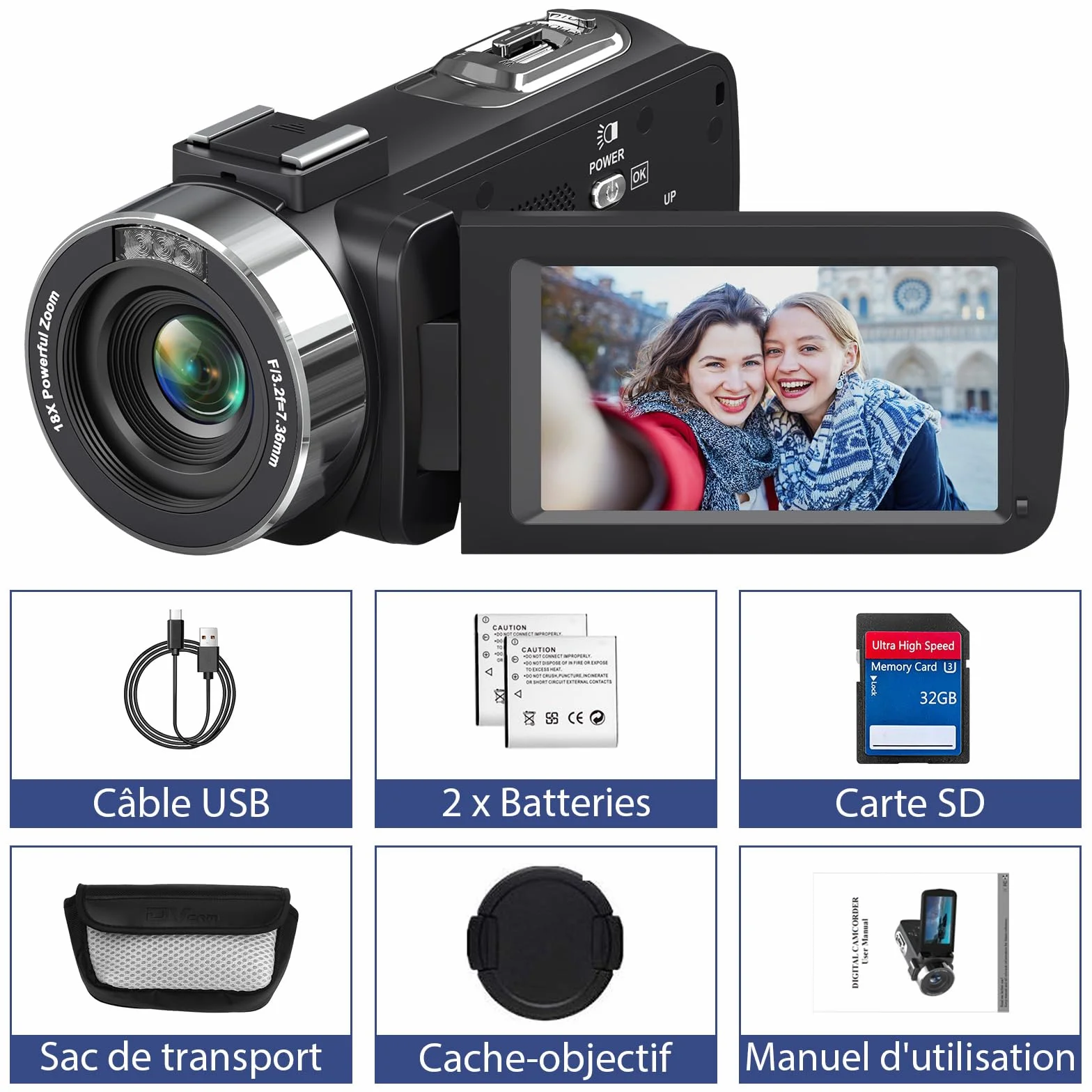 Caméscope 4K Caméra Vidéo HD 80MP 30FPS Vision Nocturne Infrarouge Zoom Numérique 18X Webcam Camescope, 3,0’’ Pouces Rotation à Écran IPS Vlogging Camera pour Youtube avec 2 Batteries, Carte SD 32Go