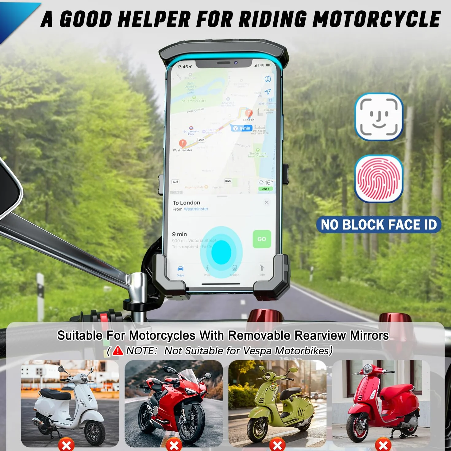 Support Téléphone Moto 360° Rotation Anti-Vibrations Support Smartphone Moto Anti-secousse Porte Telephone Scooter Antirouille Support Telephone Scooter Retroviseur pour 4-7'' Smartphone (Noir)