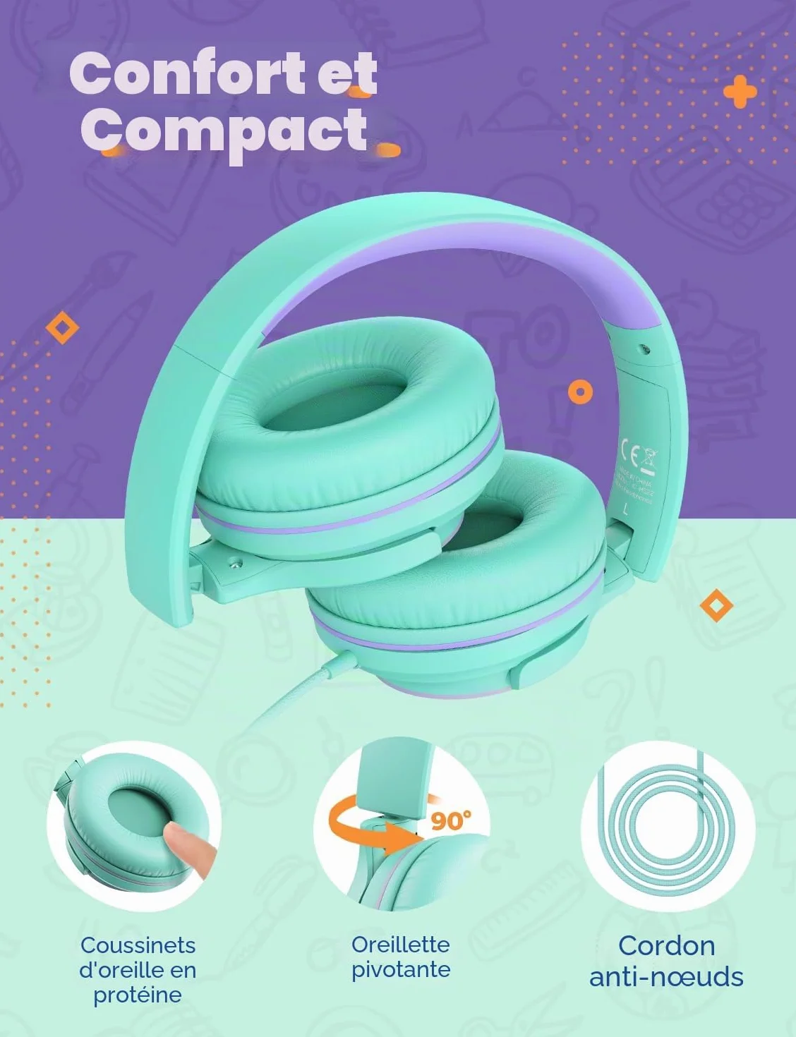 iClever Casque Audio Enfants, Volume Sécurisé Limité 85 dBA – Casque pour Enfant Filaires avec Répartiteur de Partage, écouteurs Stéréo Pliables sans Enchevêtrement pour l'école/Tablette/Voyage