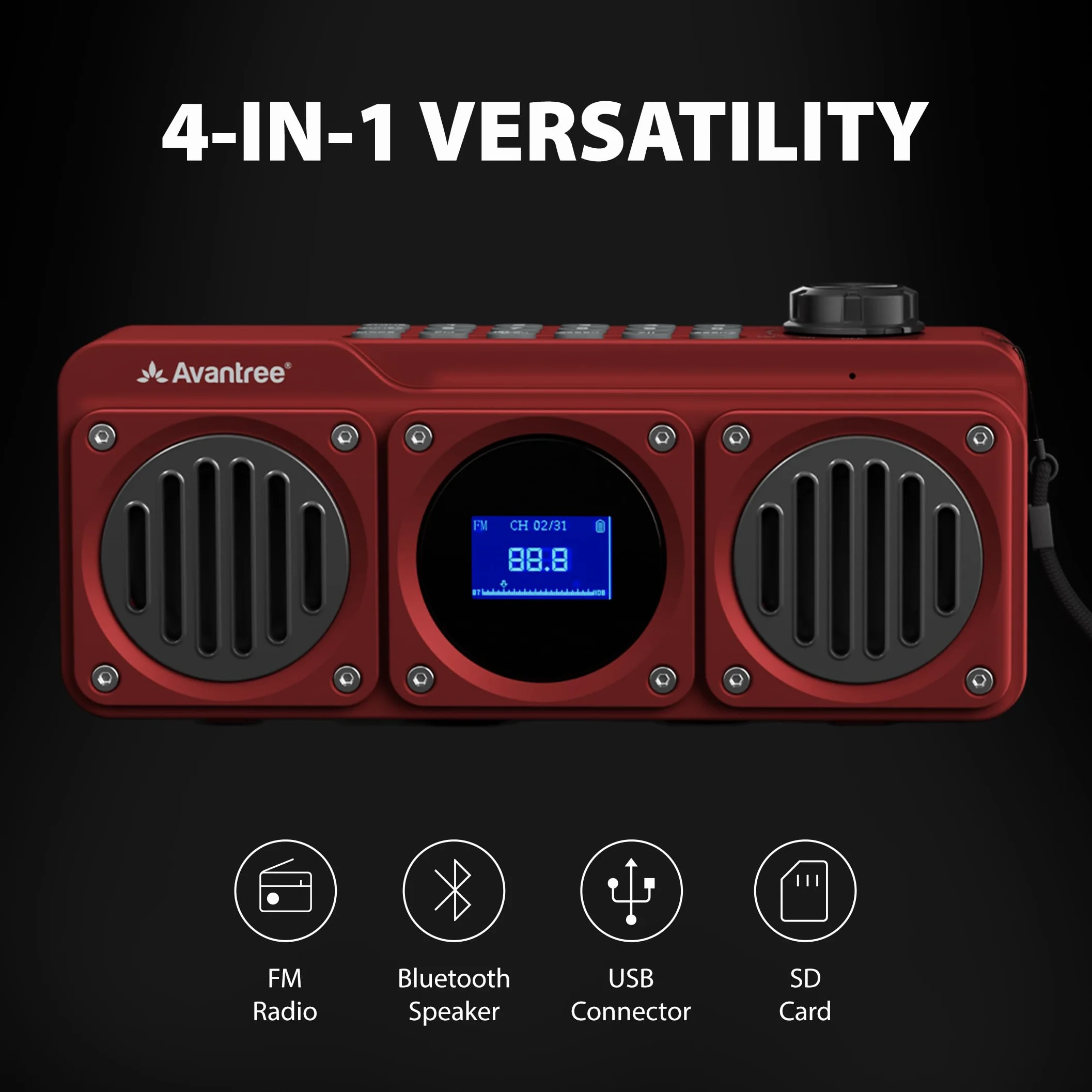 Avantree Boombyte Radio FM Portable Bluetooth Enceinte 14W Son Stéréo Rechargeable Lecteur MP3 Rouge