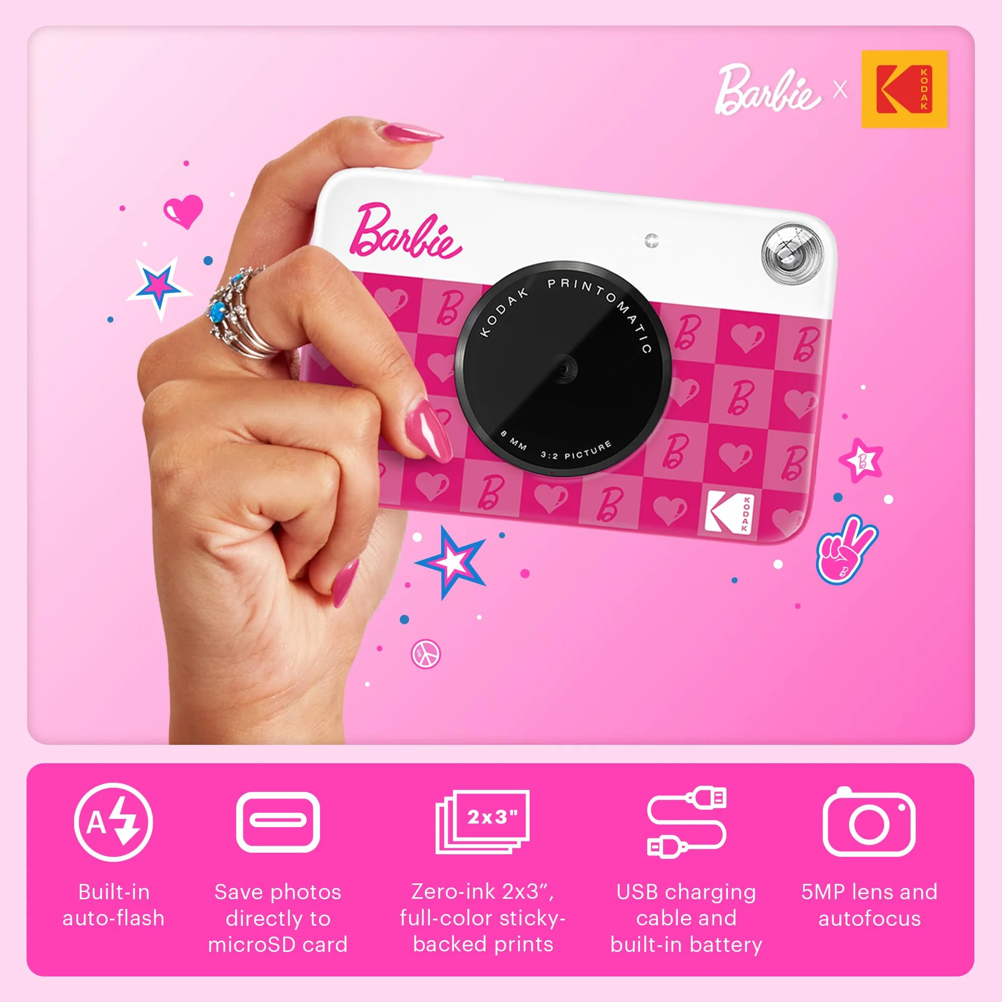 Kodak x Barbie Printomatic Appareil Photo Numérique Instantané Full-Color Barbie Starter Bundle (Style Iconique) + Étui Deluxe Barbie + Papier Zink (20 Feuilles)