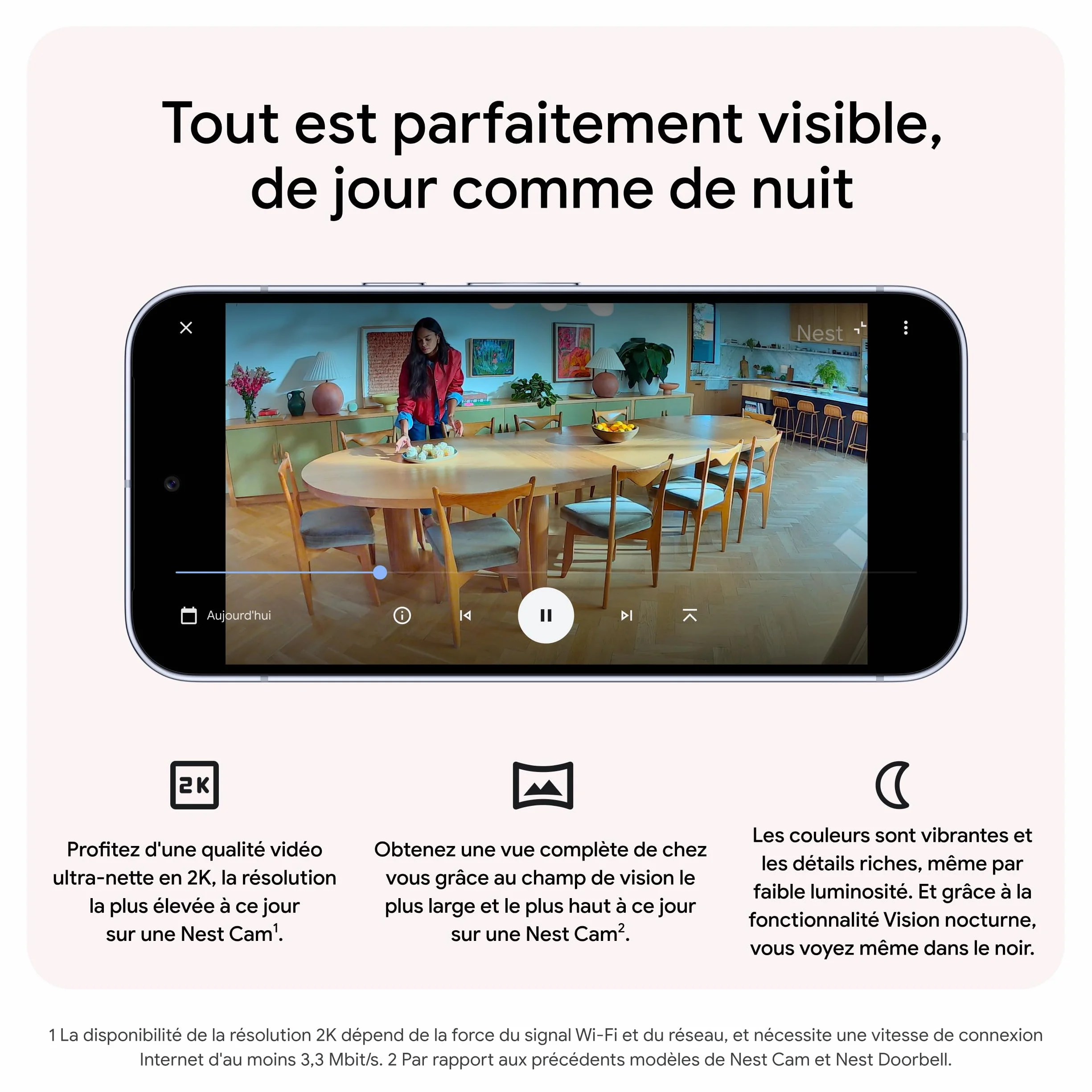 Google Nest Cam Intérieur (Filaire, 3e génération) - Caméra de sécurité intérieure avec vidéo 2K - Fonctionne avec Google Home - Neige