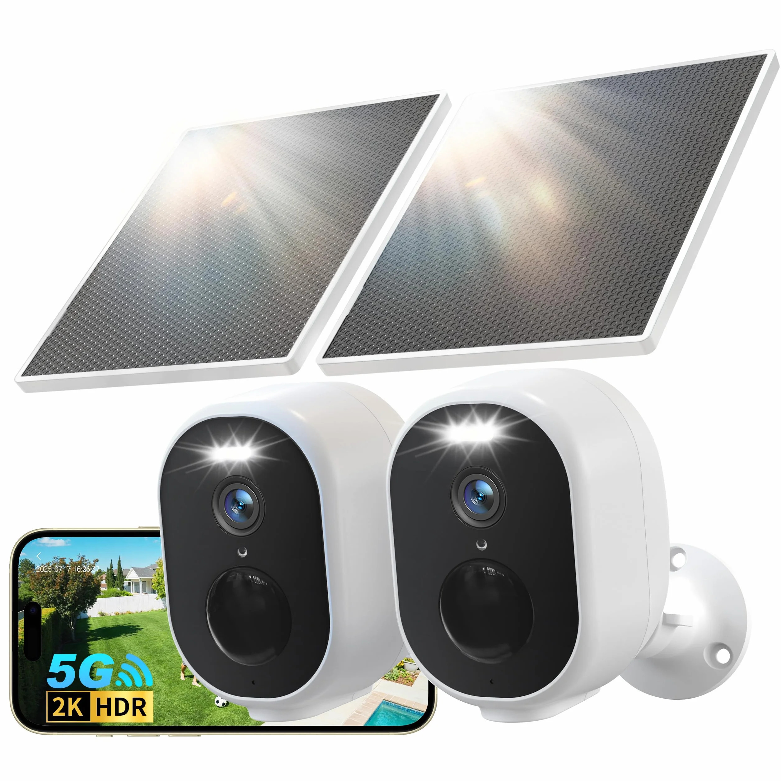 GNCC 2K Camera Surveillance WiFi Exterieure sans Fil Solaire 5/2.4GHz(Lot2) | Vision Nocturne Couleur, Détection Humaine AI, Détection de Mouvement, Audio Bidirectionnel, SD/Cloud, Compatible avec Alexa