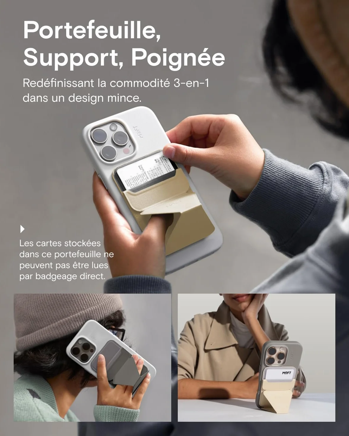MOFT Porte-Carte Magsafe Cuir Végan iPhone 17/16/15/14/13/12 Support Téléphone 3 Modes Noir