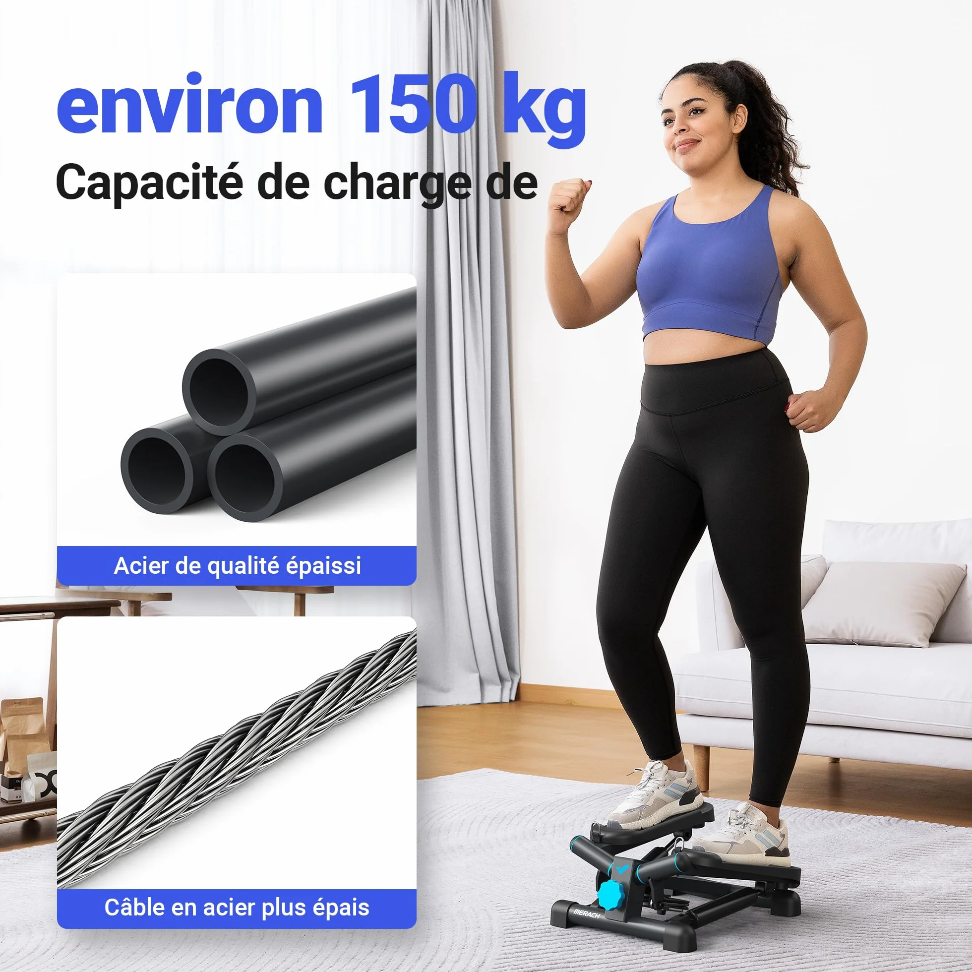 MERACH Stepper 2 en 1 pour la Maison, Silencieux 150 kg avec Écran LCD, Fitness avec Cordes de Puissance