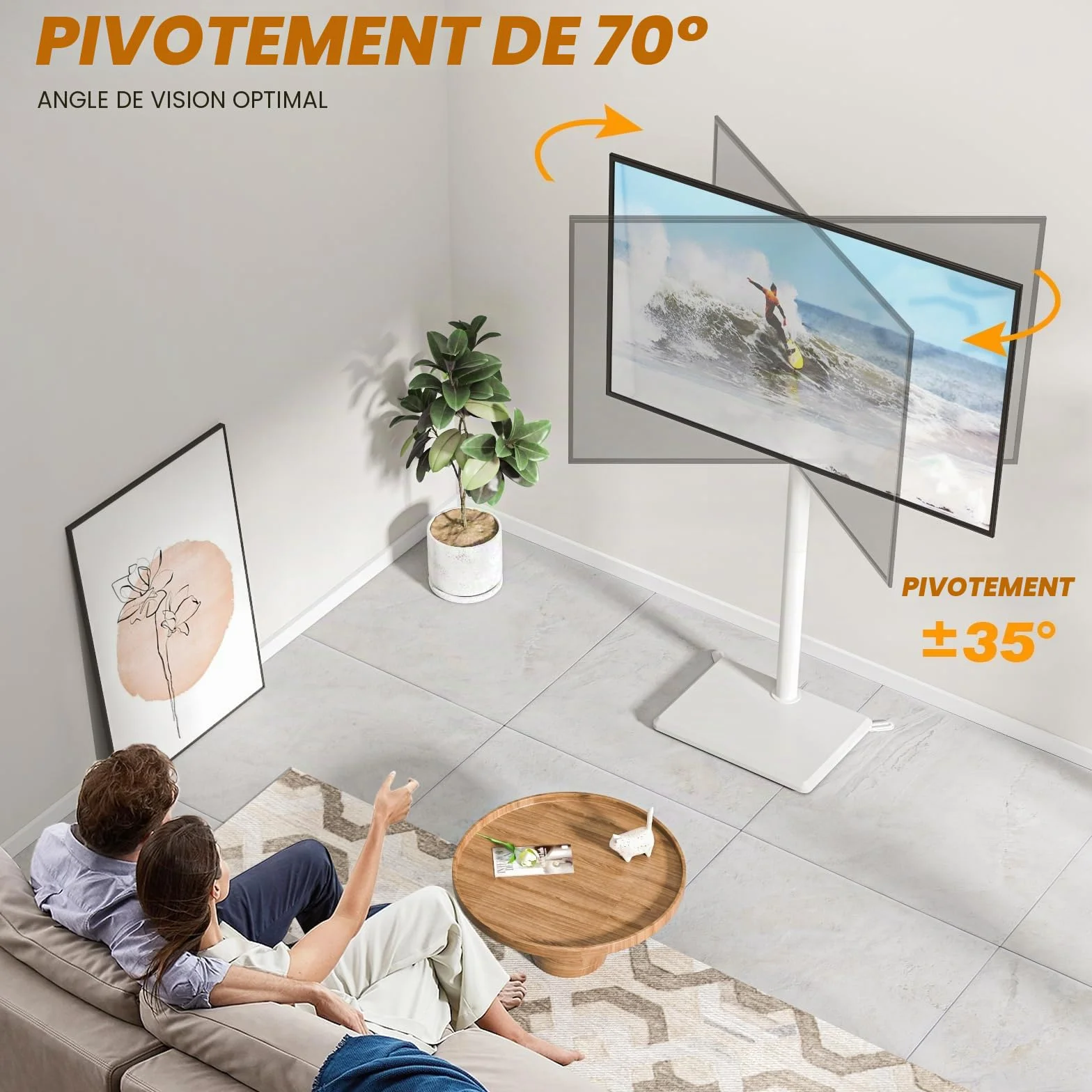 TVON Support TV au Sol pour Téléviseurs de 32 à 60 Pouces, Support TV Haut avec Pieds de Support, Support TVs d'angle Slim, Hauteur Réglable, Pivotant, Max VESA 400x400mm jusqu'à 40kg