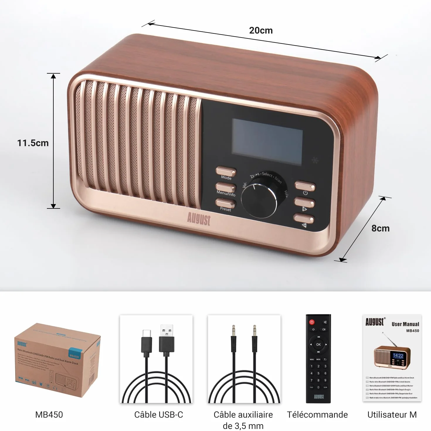 August MB450K - Radio Dab/Dab+/FM Rechargeable Double Réveil, Radio Portable Rétro avec 60 Présélections, Haut-Parleur Bluetooth 5.3, USB/AUX/Carte MicroSD, Autonomie 18H et Télécommande - Chêne