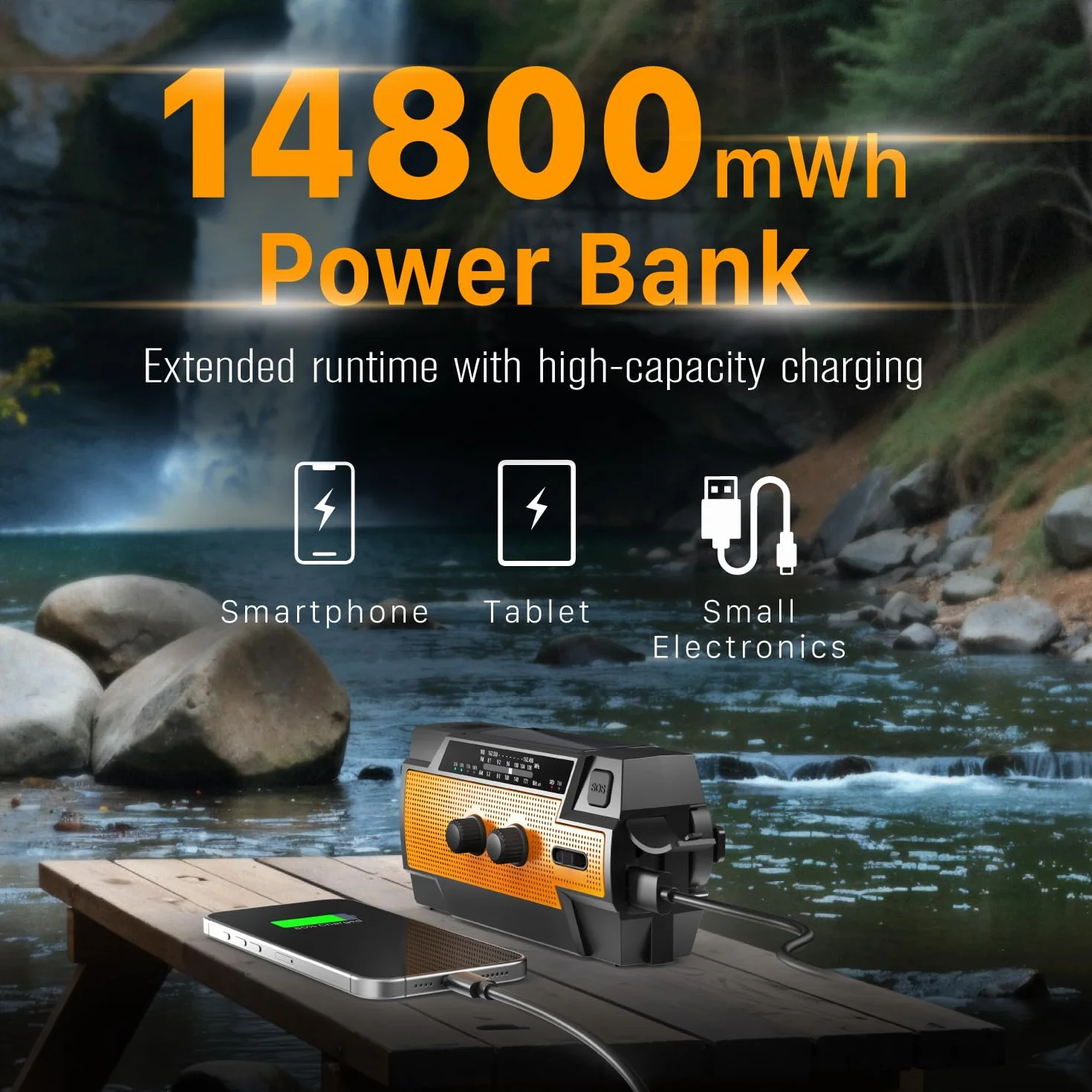 FosPower Radio d'urgence Météo 4000mAh A3 Solaire Manivelle Piles AM/FM Lampe LED Alarme SOS Orange
