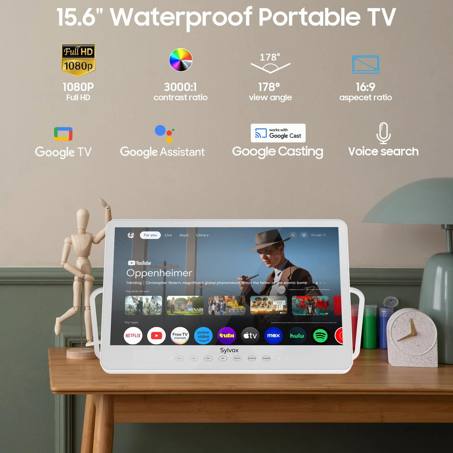SYLVOX 15,6 Pouces Téléviseur Portable, Smart Google TV IP66 Étanche | Mini TV 1080P FHD Girevole 360°avec Poignée | DVB-C/T/T2/S2 | USB/HDMI -10000mAh (4-6 Heures) pour Camping, Chambre, Cuisine