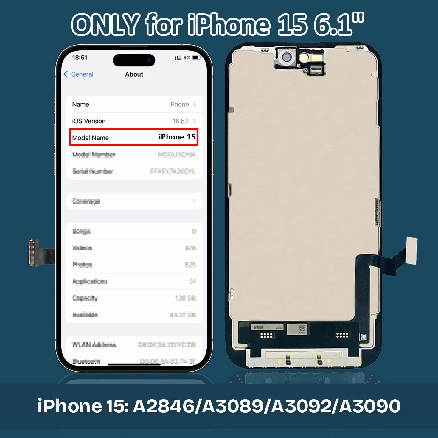 Écran pour iPhone 15 de Remplacement, 6,1 Pouces LCD Full HD Écran Tactile Digitizer avec Kit de Réparation et Protecteur d’Écran