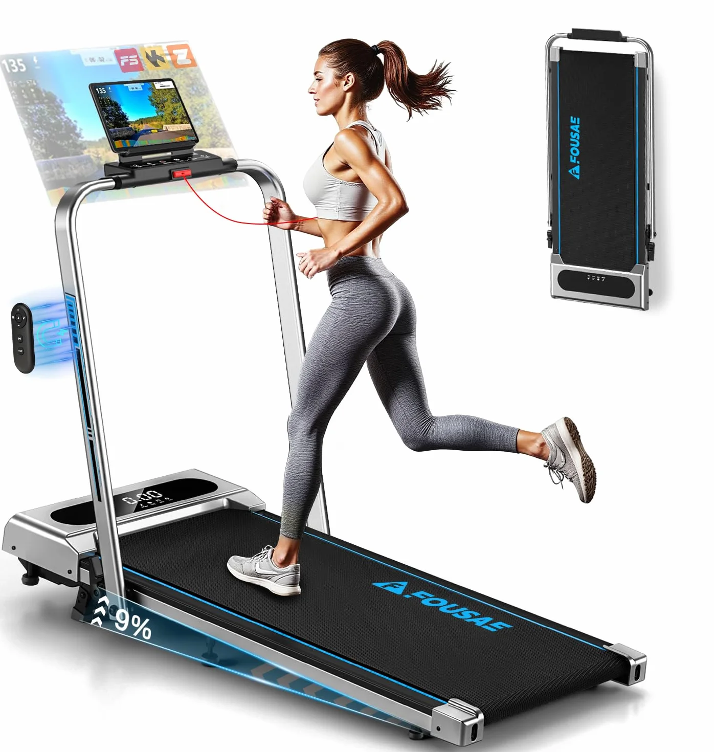 Tapis de Course Pliable FOUSAE 12 Programmes HIIT Inclinable 9% 12 KM/H Moteur 2,75 CV Charge 158kg