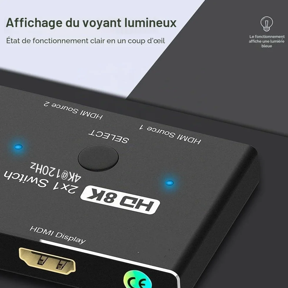 Directionnel HDMI 2.1 Switcher Commutateur Ultra HD 8K Haute Vitesse 48Gbps 2in 1out 8K@60Hz 4K@120Hz Convertisseur Séparateur Compatible avec Les Moniteurs PS5