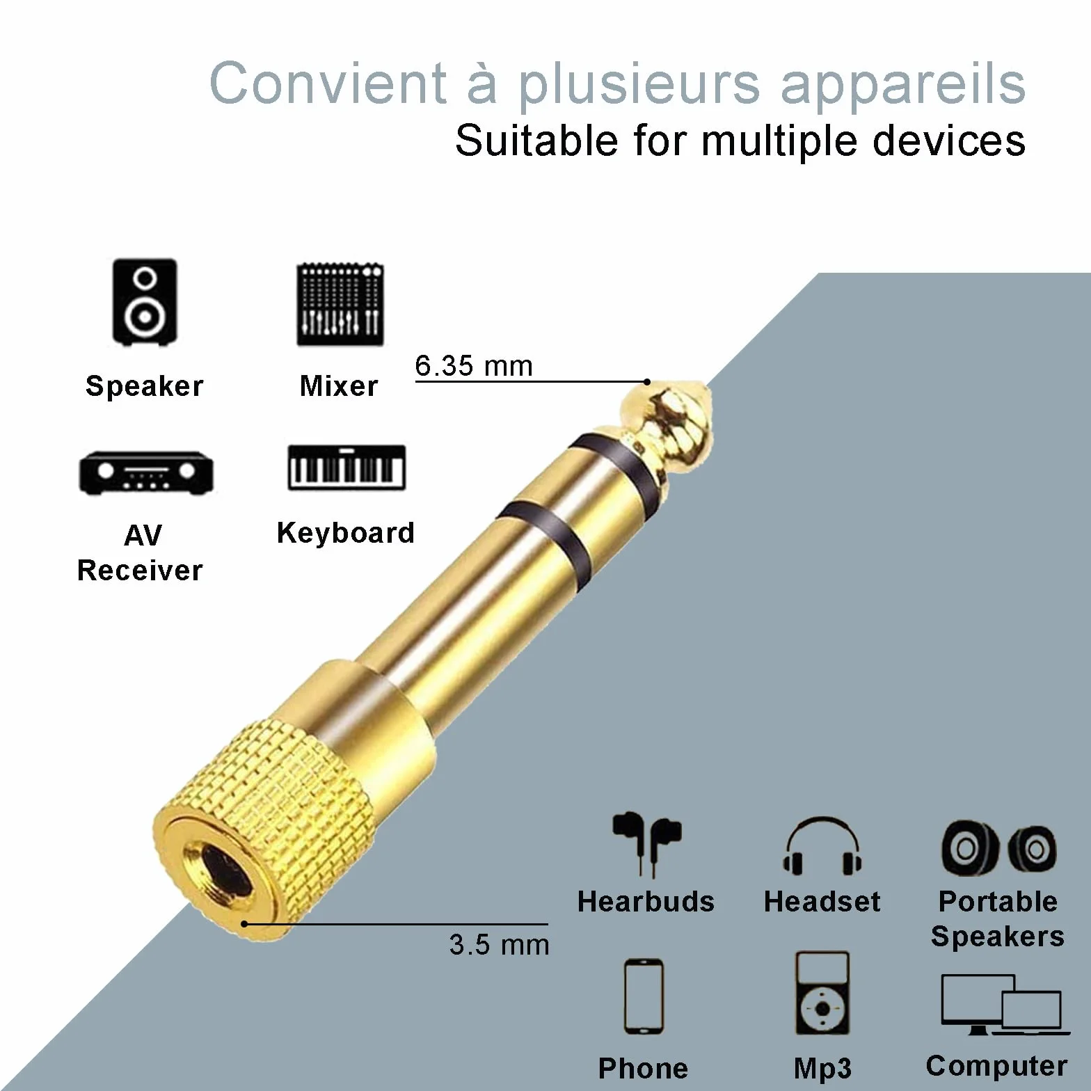 Lot de 2 adaptateurs jack 6,3 à 3,5 cuivre pur plaqué or réducteur mâle femelle stéréo
