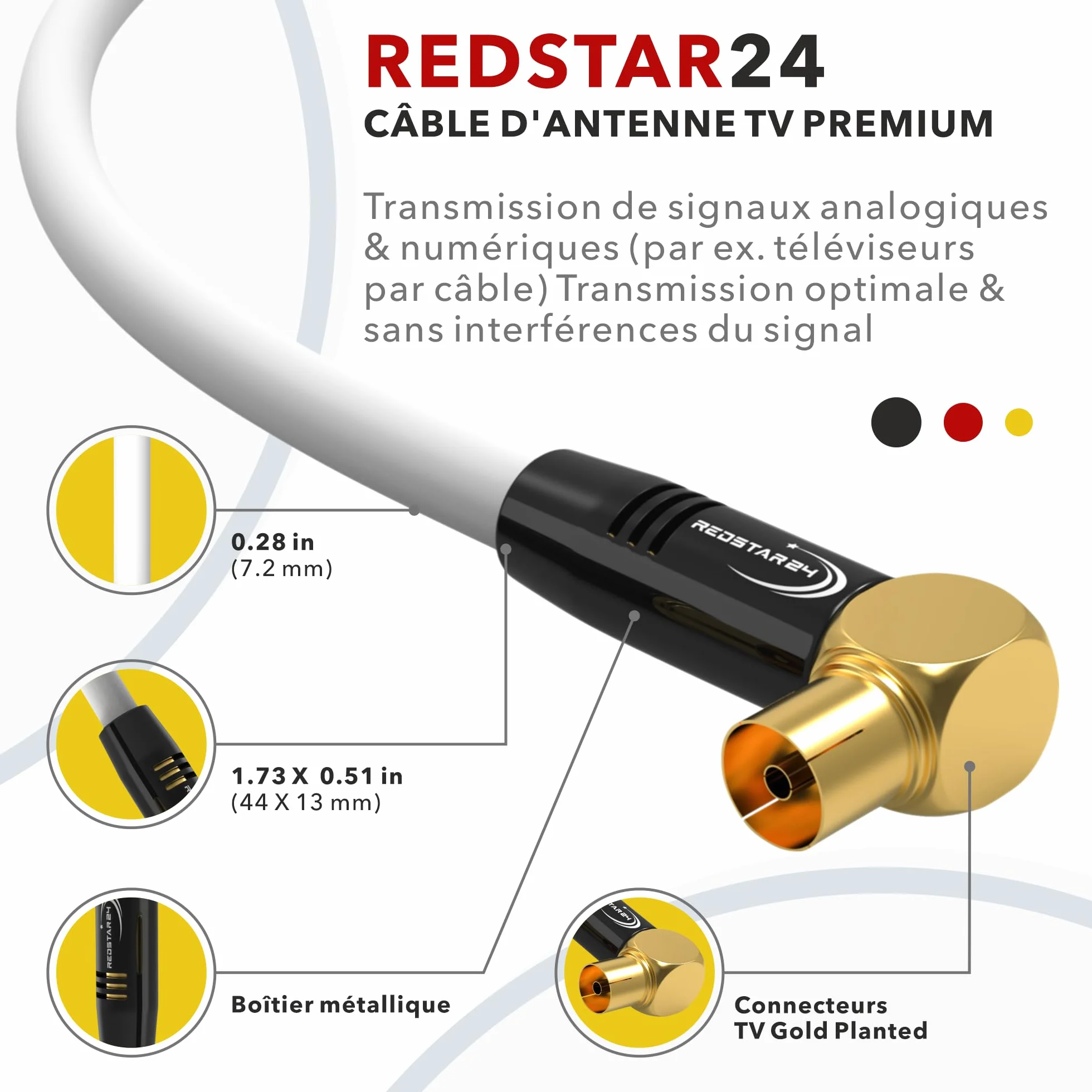 RedStar24 Câble d'antenne coaxial HDTV de 1,5 m blanc - Coudé à 90° - Mâle vers femelle - Câble coaxial HDTV de qualité supérieure pour télévision par câble - Câble TV : compatible avec TV, radio
