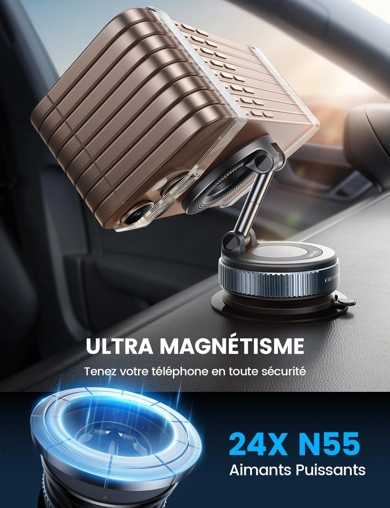 Lamicall Support Telephone Voiture pour MagSafe - [Ventouse à Vide & 24X N55] 360° Rotation, Porte Voiture pour Tableau de Bord/Pare-Brise, Support Magnétique pour iPhone 17 16 15, Autres Smartphones