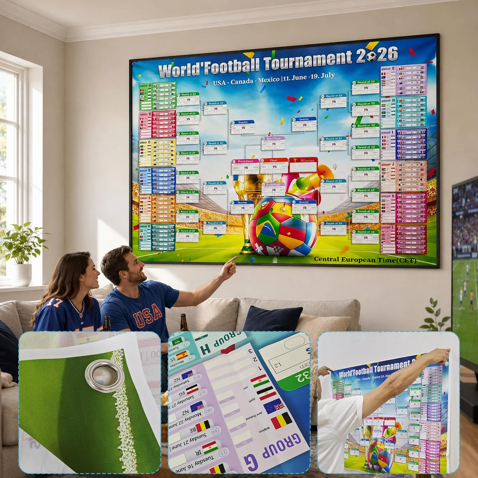 Affiche du Calendrier de la Coupe du Monde de Football 2026, 150 x 100cm, 48 Pays