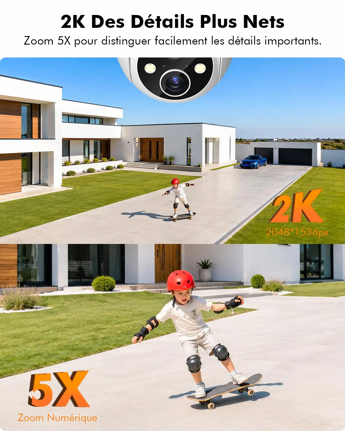 YESKANO 2K Camera Surveillance WiFi Exterieure Sans Fil Solaire, Caméra Extérieure Solaire 360° PTZ, avec Panneau Déporté 2M, Vision Nocturne Couleur, Détection PIR, Audio 2 Voies, 2,4 GHz, IP66 Blanc