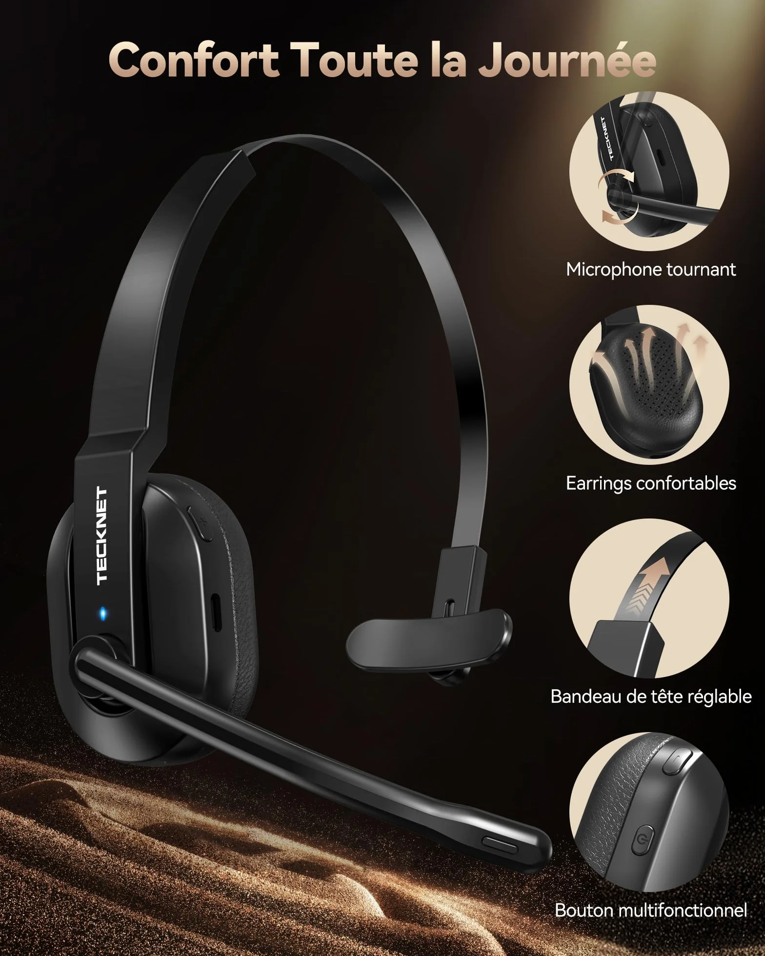 TECKNET Casque Bluetooth V5.2 avec microphone, casque sans fil avec station de charge, MIC ENC Casque PC, dongle USB, casque supra-auriculaire sans fil pour camionneur/centre d'appel/bureau – Batterie