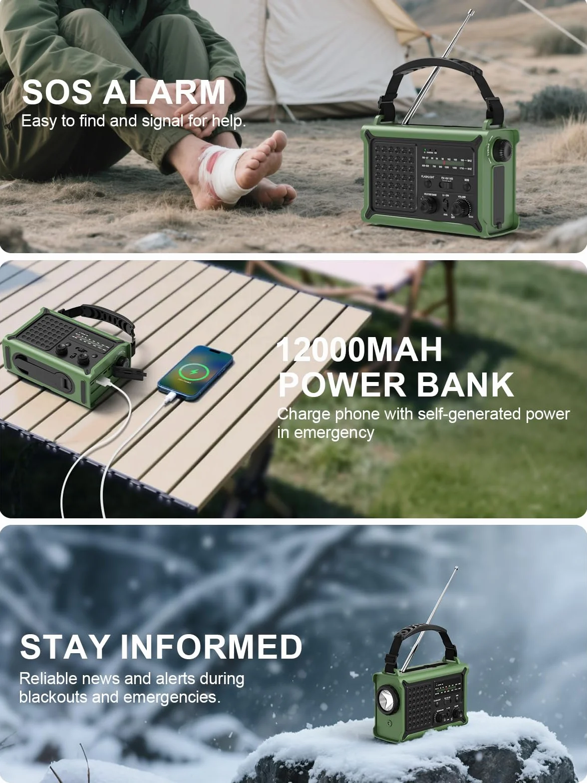 ROCAM Radio d’Urgence à Manivelle 12000mAh avec Panneau Solaire 8500mm² & Dynamo 650mA, Radio AM/FM Portable avec Torche LED, Lampe de Lecture, USB, Alarme SOS – Camping, Coupure de Courant, Survie