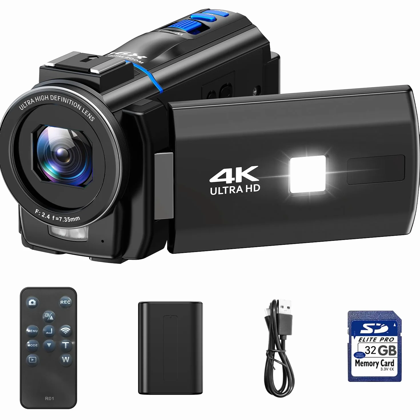Caméra Vidéo 4K Camescope 48MP Zoom 16X Vision Nocturne Écran Tactile Rotatif 270° avec Carte SD 32Go