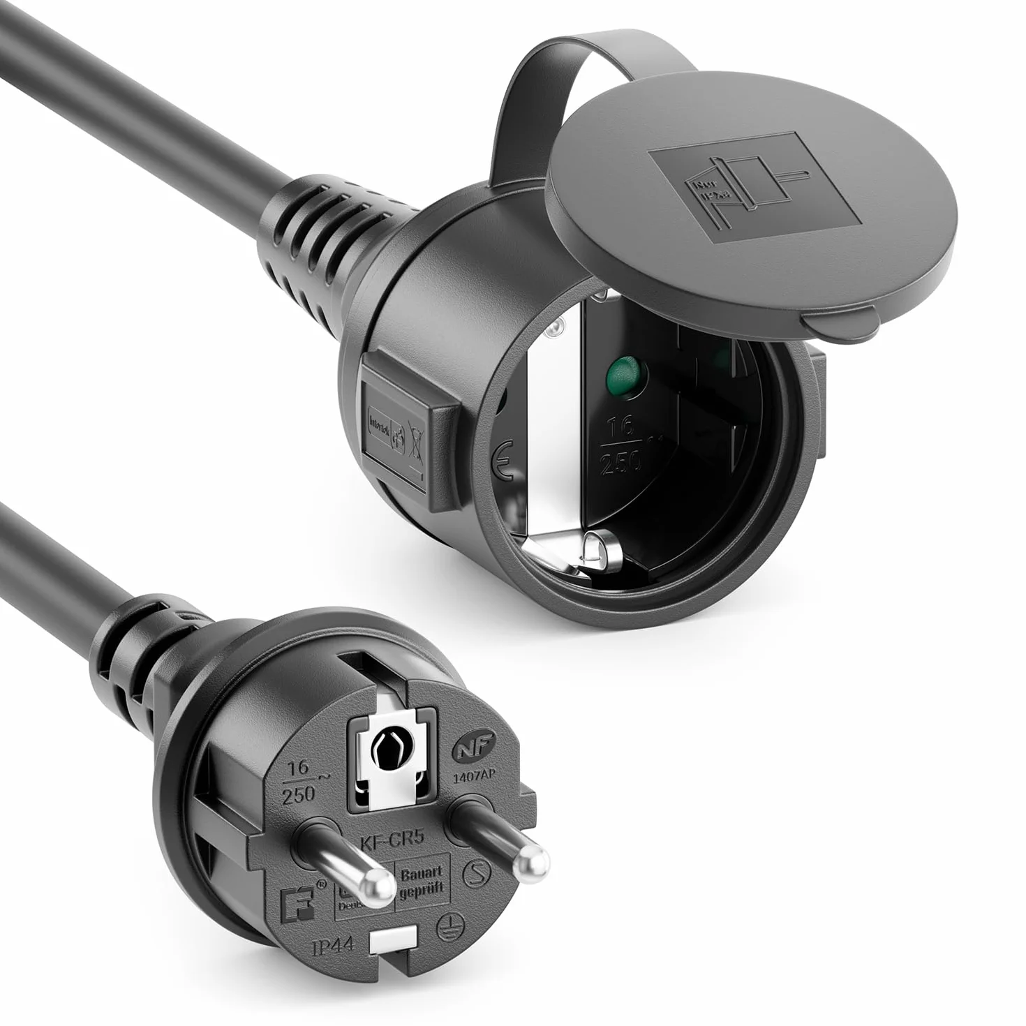 deleyCON 2m Câble Rallonge Extérieur Électrique IP44 H07RN-F 3G1.5mm² Noir