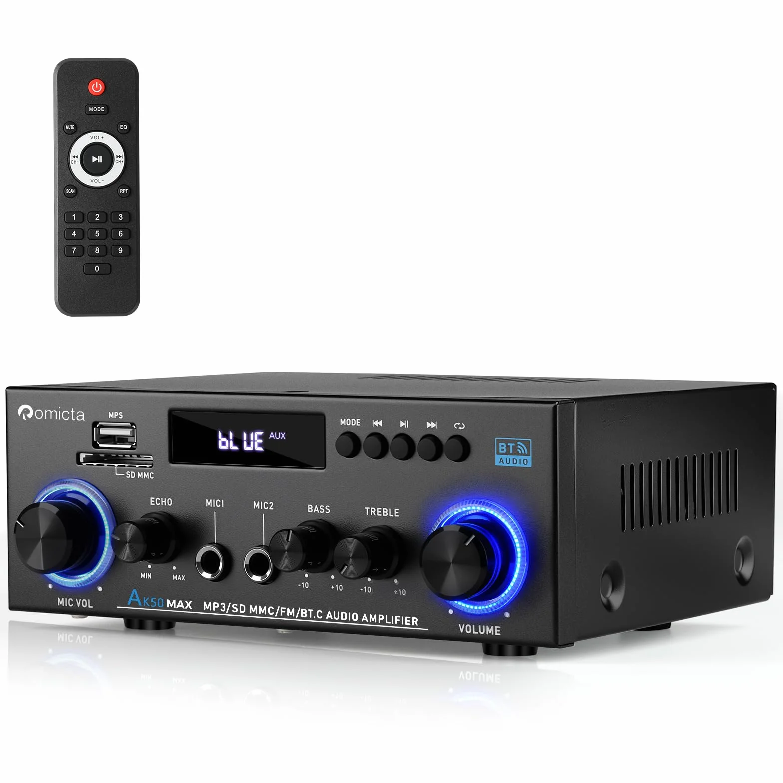 Romicta Amplificateur Audio Stéréo 800W, Bluetooth 5.0 | Radio FM, Lecteur USB/SD, Entrée AUX, 2 Micros avec Echo | Télécommande pour Home Cinéma et Maison