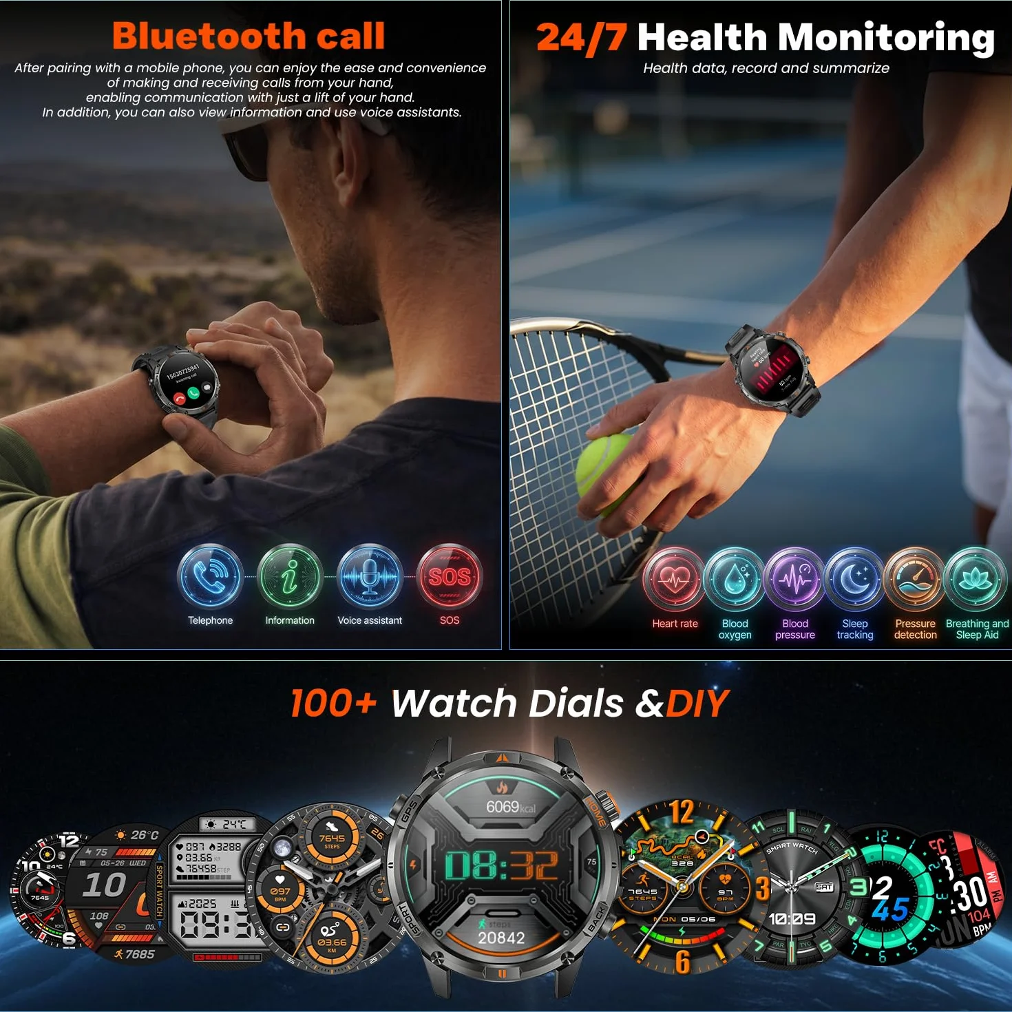Montre Connectée Homme GPS Smartwatach: 1.46" HD Smart Watch Appel Bluetooth Fréquence Cardiaque SpO2 580mAh Batterie 100+ Modes Sportifs IP68 Etanche Surveillance Santé Torche LED pour iOS e Android