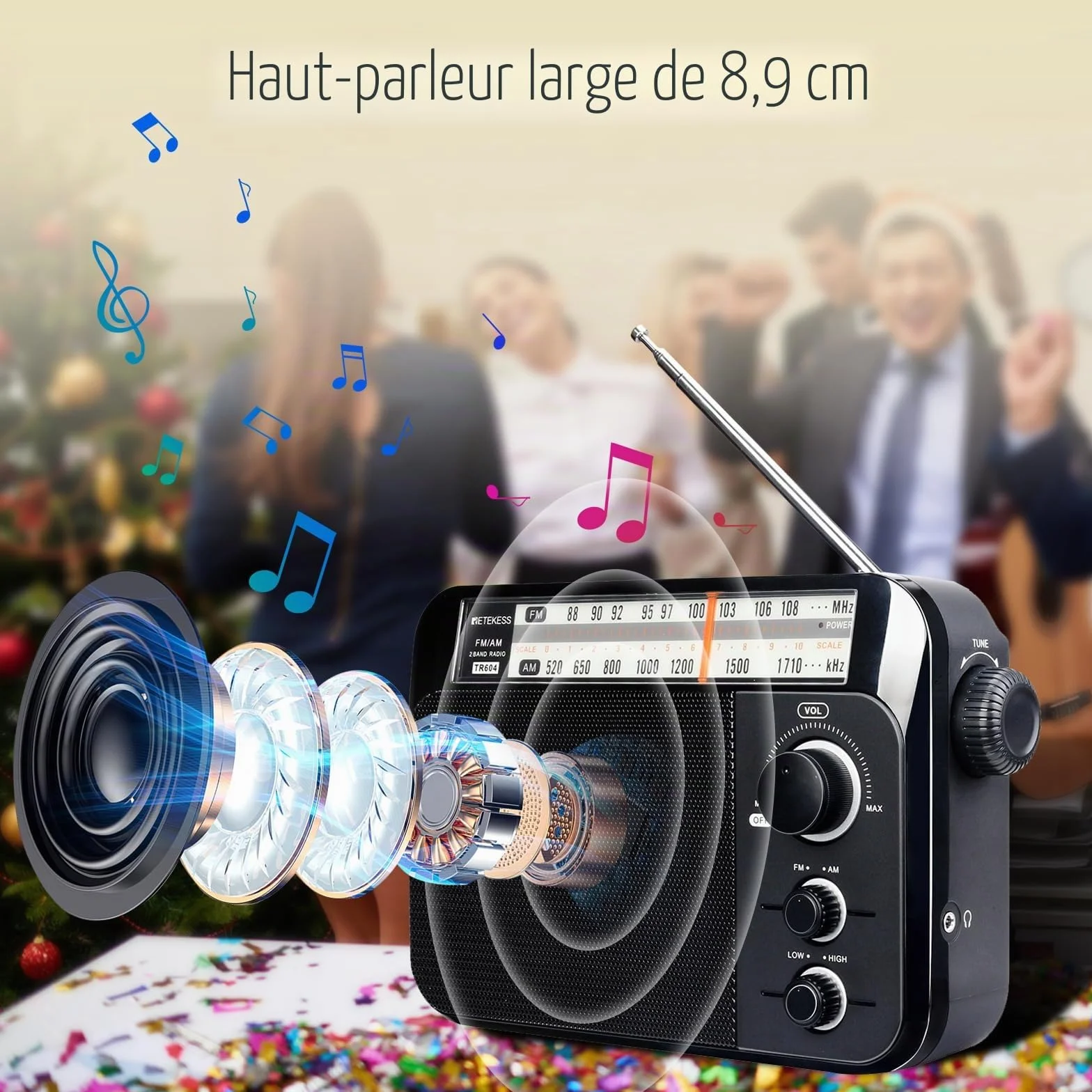 Retekess TR604 Radio Portable FM, Poste Radio Pile et Secteur, Excellente Réception Antenne, Transistor, Enceinte, Prise Casque, Grand écran,en Cadeau, pour Personnes Âgées