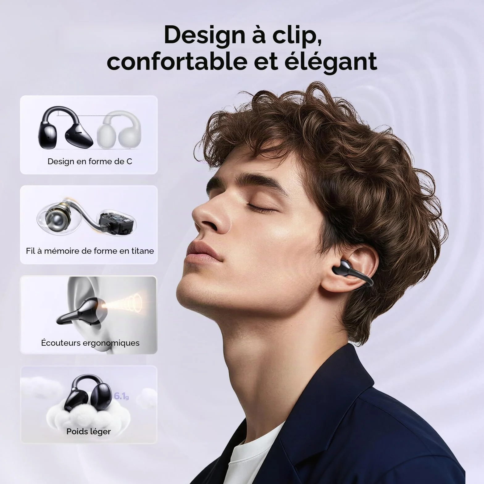 UGREEN Écouteurs Bluetooth sans Fil Sport ClipBuds Pro Hi Res ANC Hybride Adaptative Oreillette Ouverte BT 6.0 ENC Antibruit Audio Spatial Multipoint Connexion 32H Autonomie USB C Charge IPX5 Noir