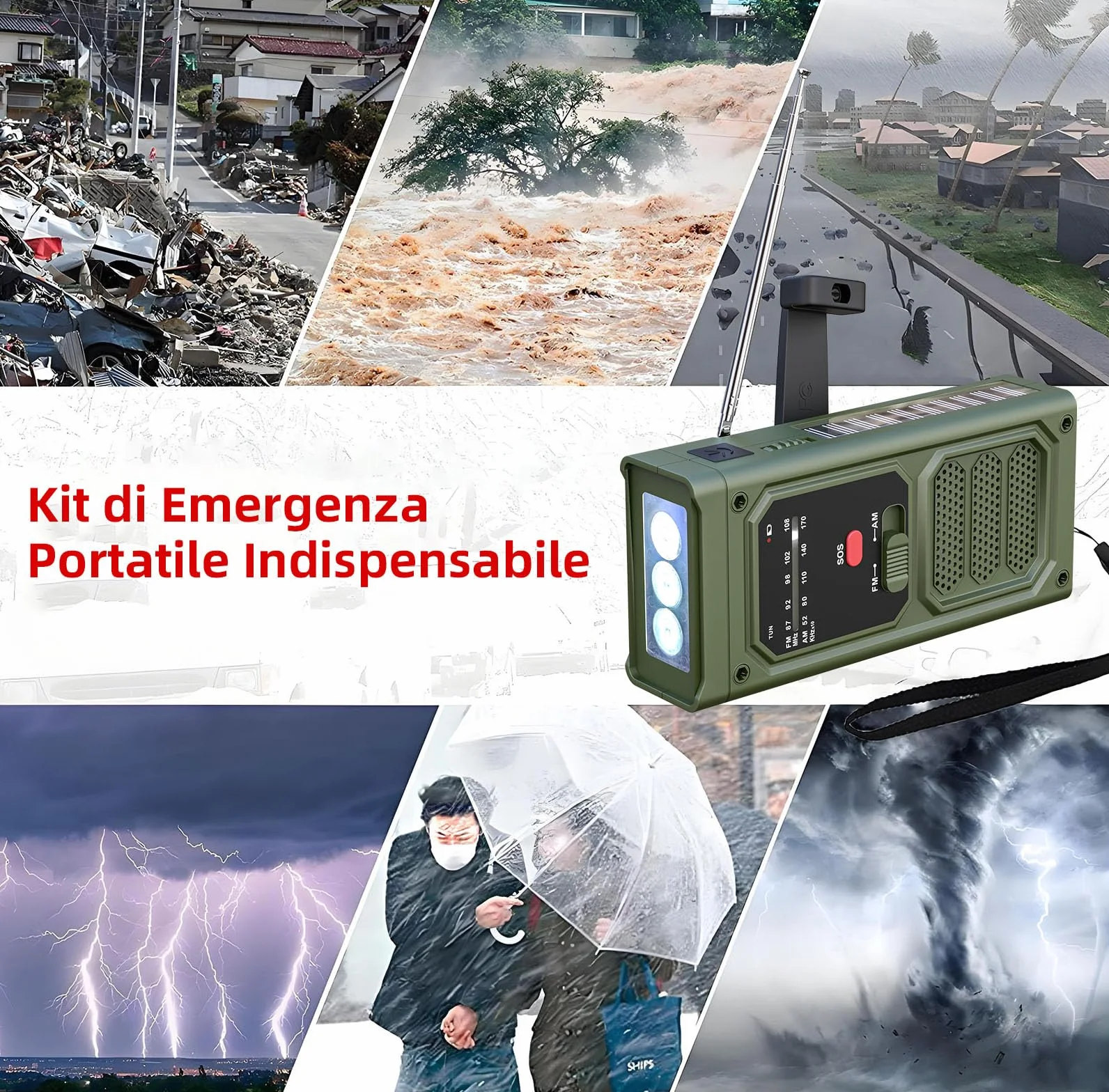 Radio Solaire d'Urgence AM/FM avec Lampe Torche LED, Alarme SOS, Recharge USB/Solaire/Manivelle, Batterie 2000mAh, Vert