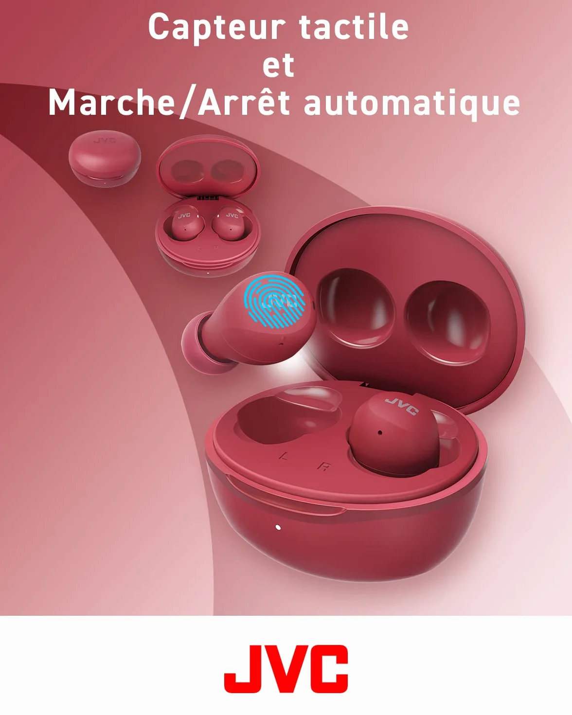 JVC Mini casque sans fil Gumy - Casque Bluetooth (5.1) petit et léger, avec 3 modes audio, résistance à l'eau (IPX4) et batterie 23 heures. Écouteurs pour le sport et la maison - HA-Z66T-R
