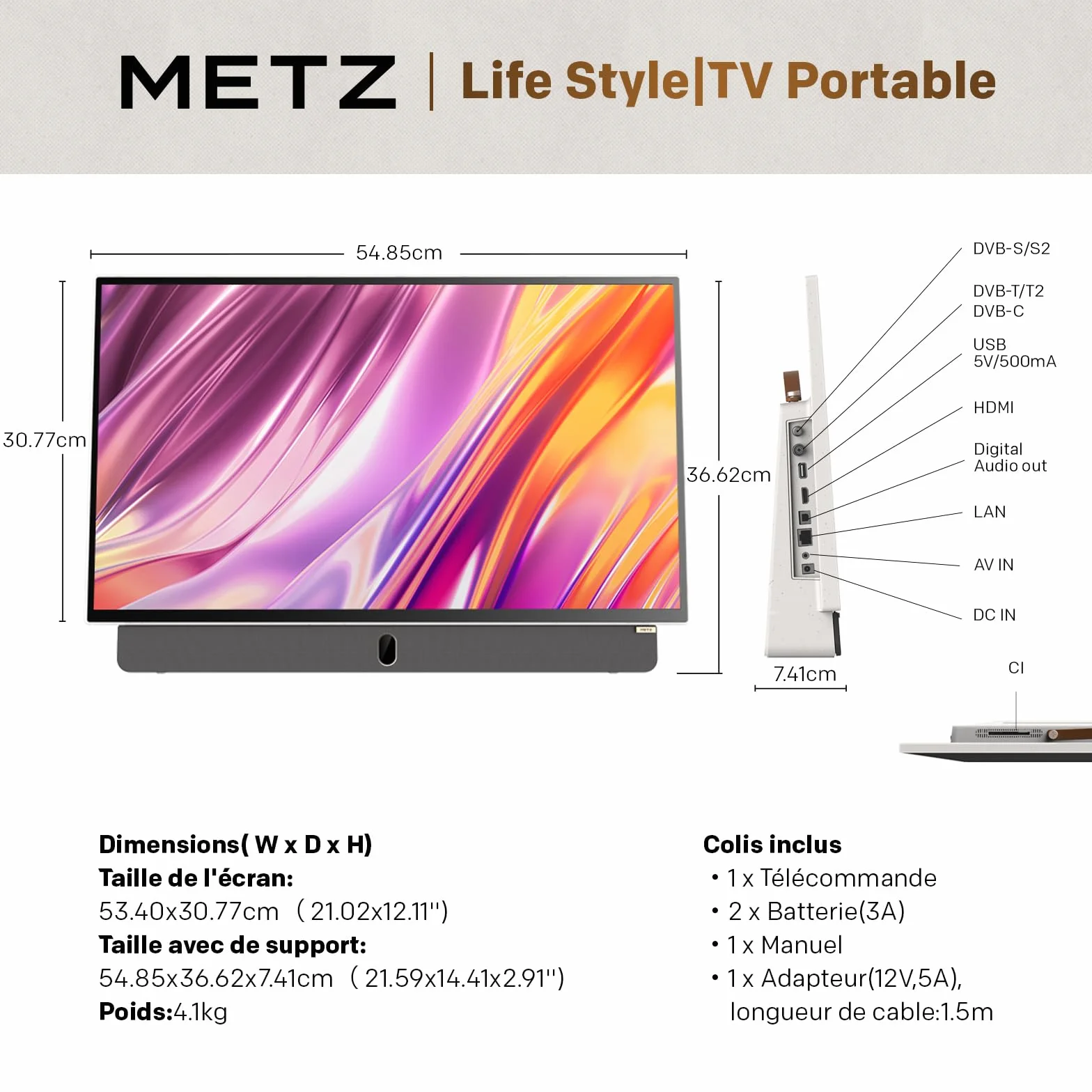 Metz TV Portable 24 Pouces (60 cm) Smart Google TV FHD avec Batterie Intégrée Poignée HDR 10 Chargeur Voiture 12V Ecran Anti-reflet Dolby Audio HDMI USB Bluetooth Wi-FI (24MPE7000 Blanc)
