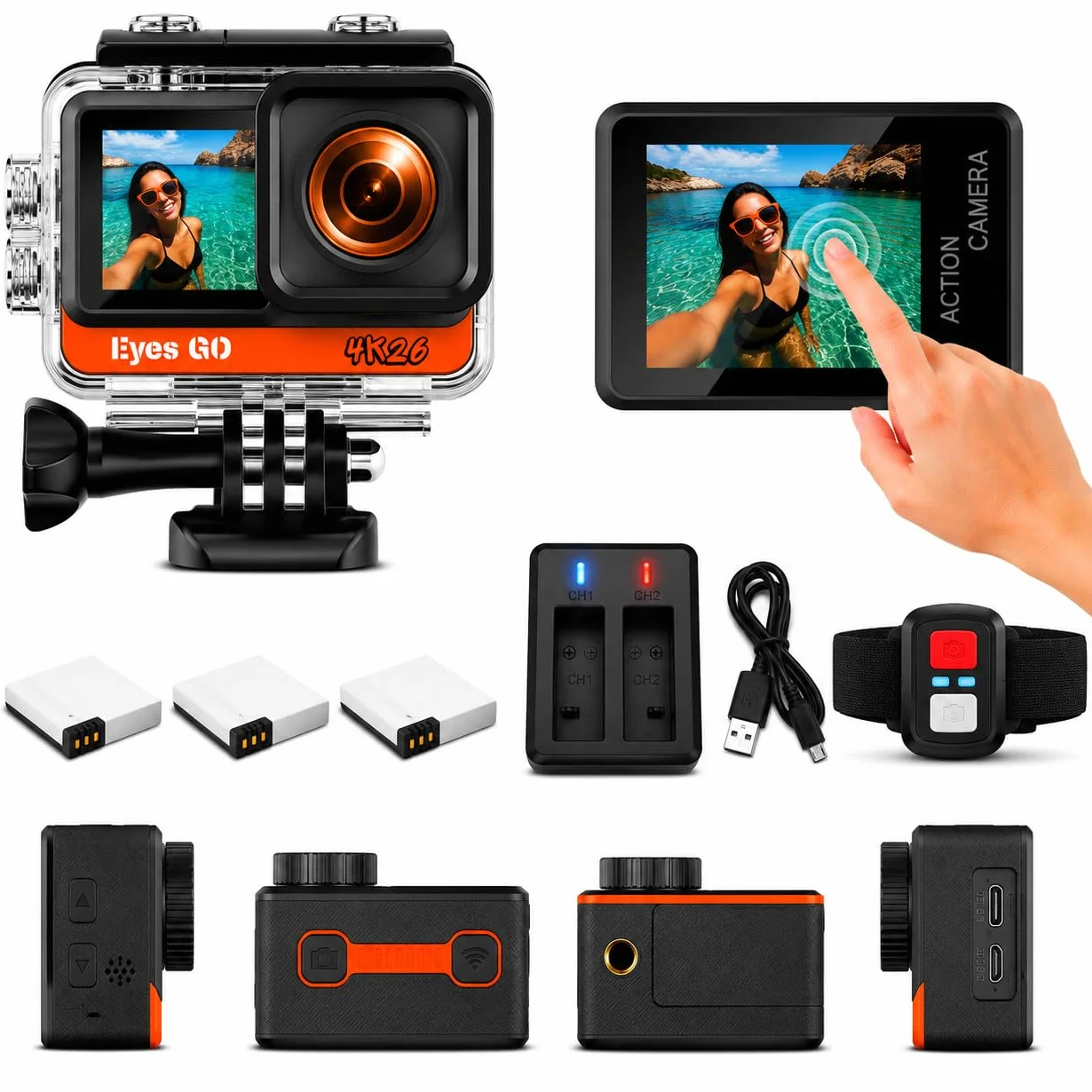 4K26 - Caméra Sport 4K30fps - 20 Accessoires - Photo 16MP - 2 Ecrans Tactile Vlog - Télécommande - Stabilisateur E.I.S 2.0 - Étanche 30M - 5 Heures d'autonomie