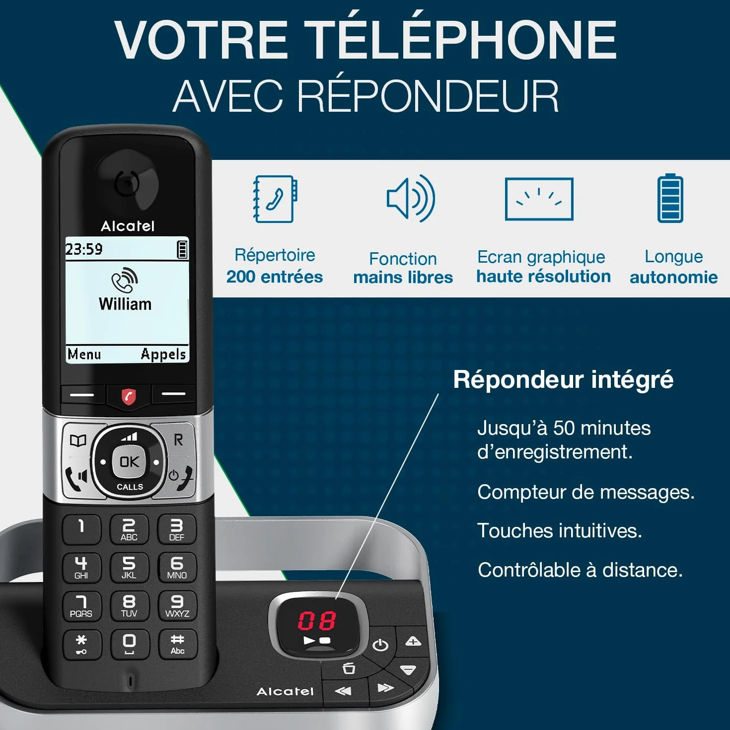 ALCATEL F890 Voice - Téléphone Fixe Sans Fil DECT Avec Répondeur - Écran Graphique Haute Résolution - Mains Libres - Blocage Des Appels - Sonnerie VIP - Répondeur 50 Min - Noir/Gris