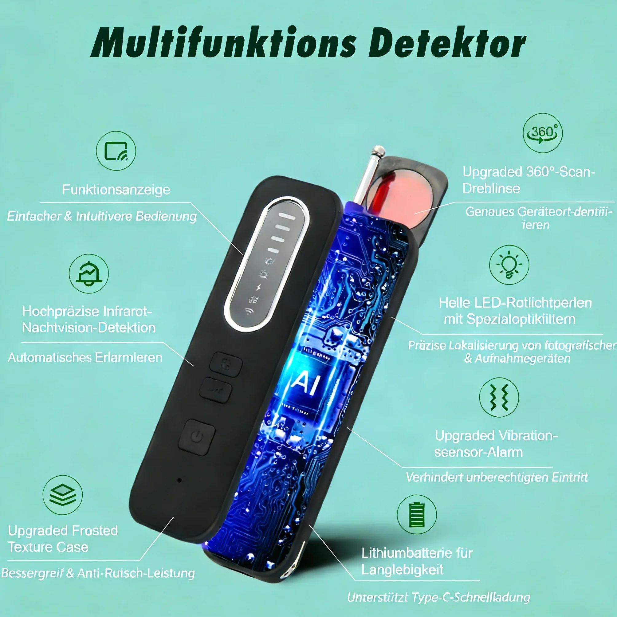 Détecteur de Caméra Cachée 6 en 1 Detecteur Micro Espion Anti-Espion Bug Détecteur GPS Tracker pour Bureau, Hôtel, Maison, Alarme de Sécurité
