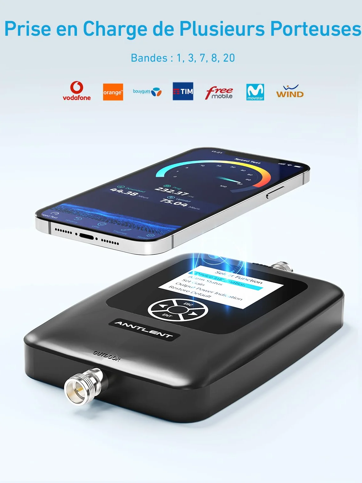ANNTLENT Amplificateur de Signal Amplifier 4G 3G Bande 1/3/7/8/20, LTE GSM WCDMA Amplificateur de Signal Mobile Five-Bande Connecté à L'application, pour Tous Opérateurs