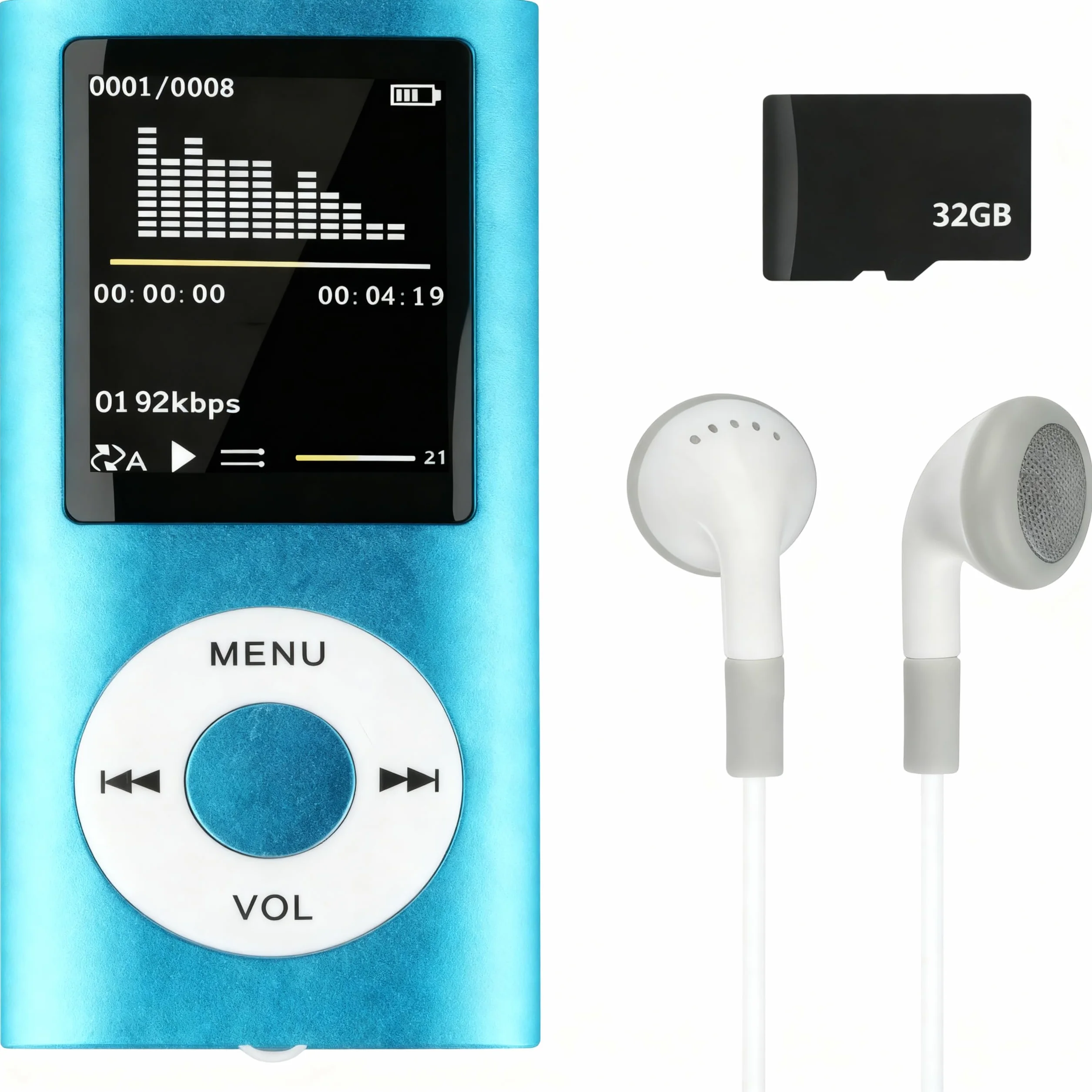 Lecteur de Musique HiFi Portable sans Perte MP3/MP4 avec 1.8 Pouces Écran LCD et Lecteur de Carte Mémoire, 32GB, Bleu