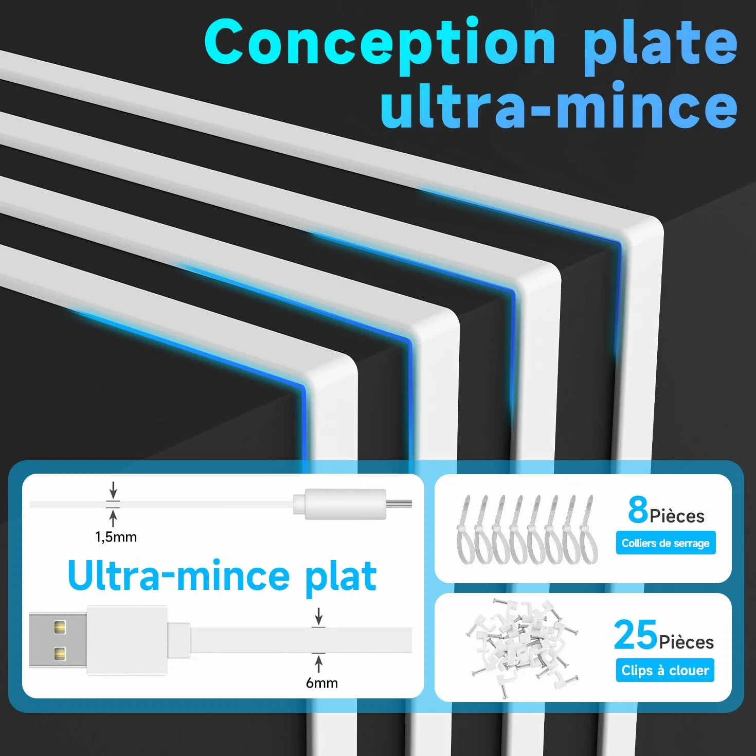 Câble d'extension d'alimentation plat de 5 m pour caméras de sécurité à domicile compatibles USB-C ou autres appareils (téléphone, manette Switch Pro, etc.), rallonge USB A vers type C pour