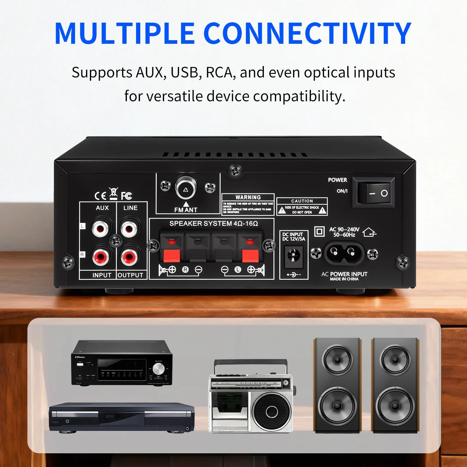 Amplis Amplificateur Stéréo Bluetooth 5.3 1000W Puissance Maximale avec Radio FM et Micro, Système Audio Hi-Fi 2.0 Canaux 50W+50W RMS, Contrôle Basse/Aigus pour Maison, Voiture, Karaoké, TV