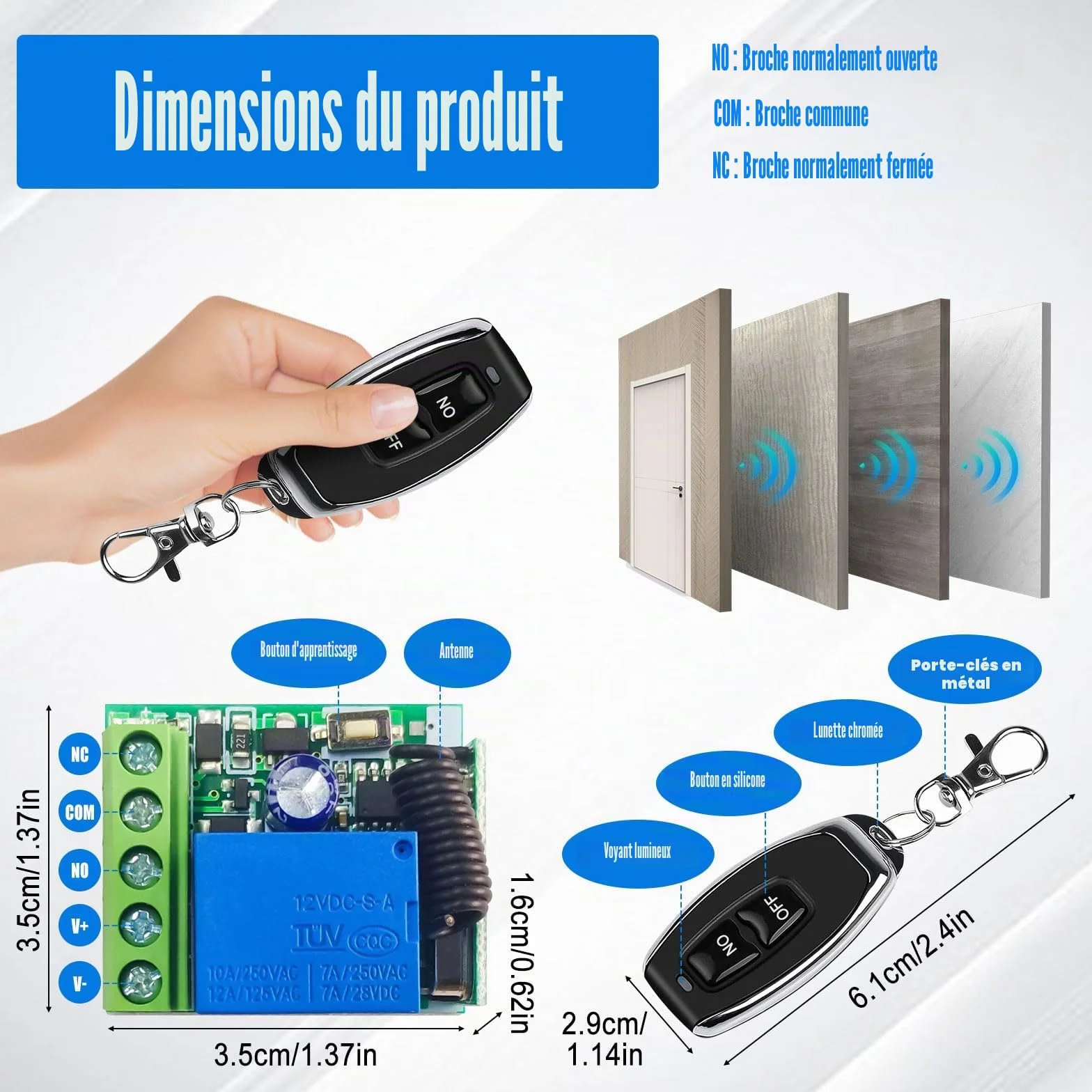 Télécommande sans fil 433 MHz DC 12 V 1CH RF Relais récepteur Module avec émetteur longue distance pour porte de garage (2 récepteurs + 5 télécommandes)