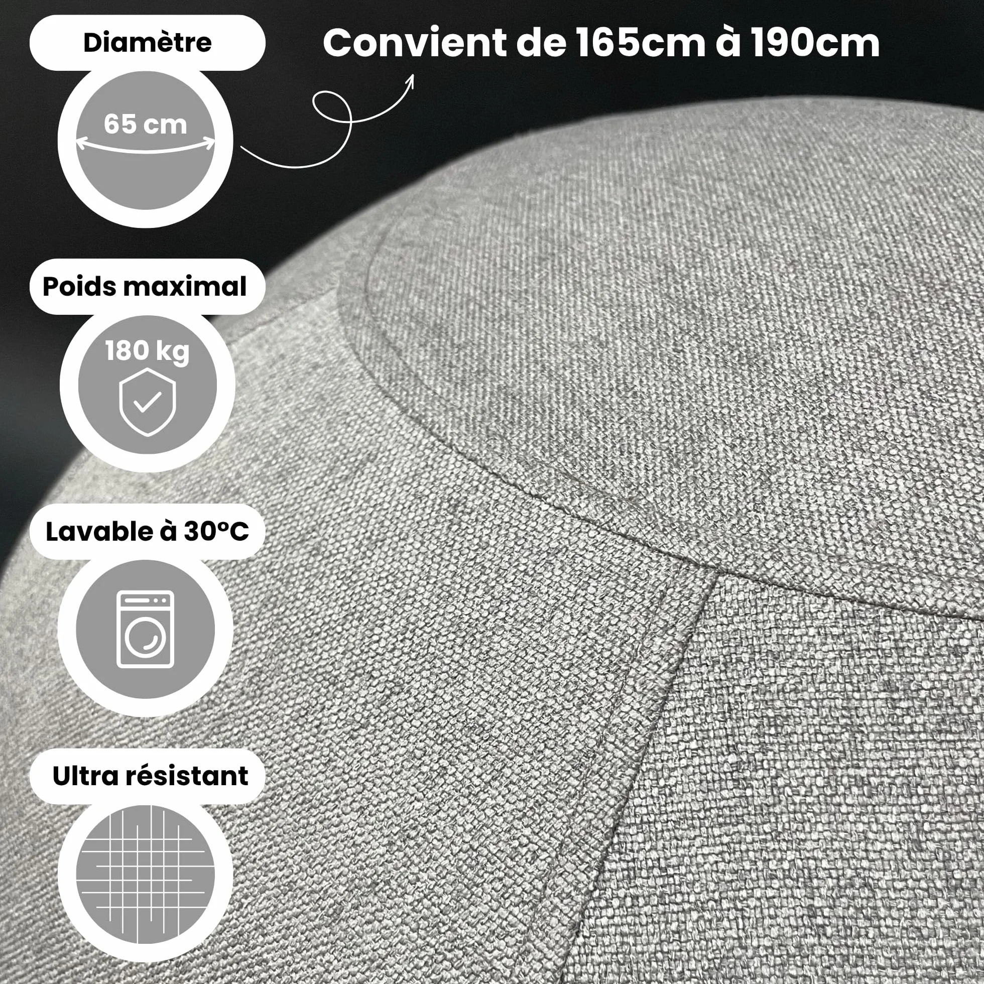 Siège Ballon Ergonomique 180Kg Housse Lavable Anti-Dérapante