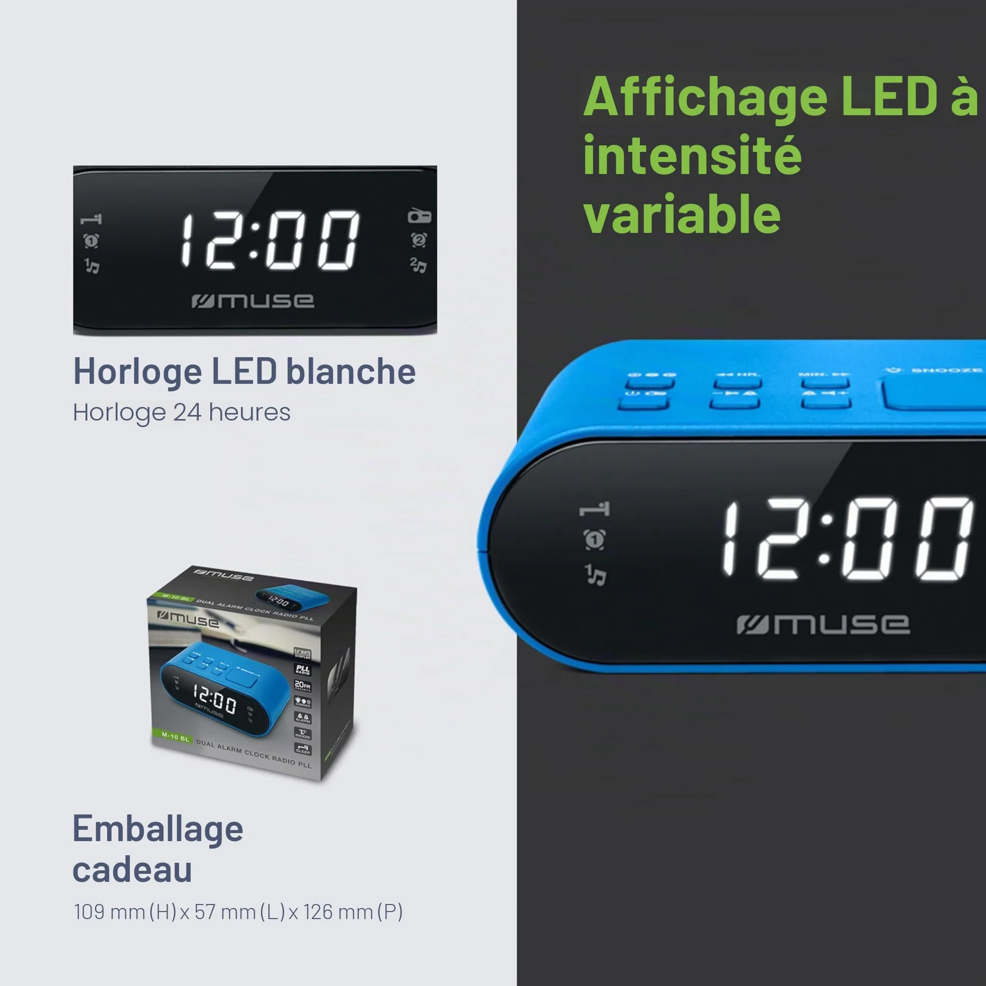 Muse M-10 BL Radio-réveil avec écran LED, 20 stations mémorisables Bleu