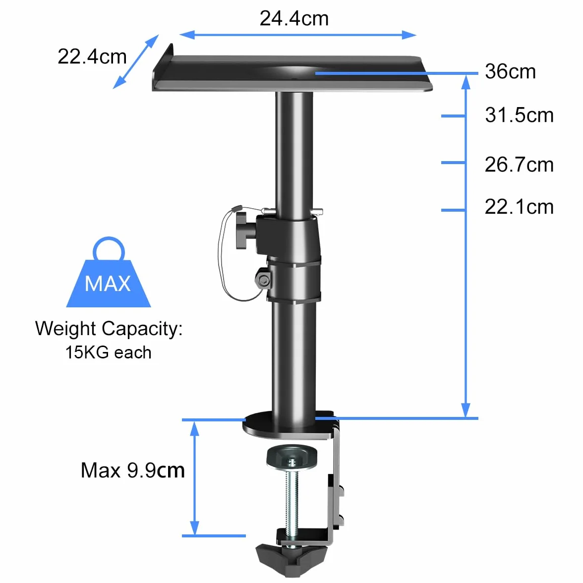 Suptek Supports d'enceintes à Pince pour Bureau, Réglables en Hauteur, Inclinables et Pivotants, Plateaux 24,4 x 22,4 cm, Supports Universels pour Enceintes PC et Bibliothèque, Lot de 2, Noir, SDM001B